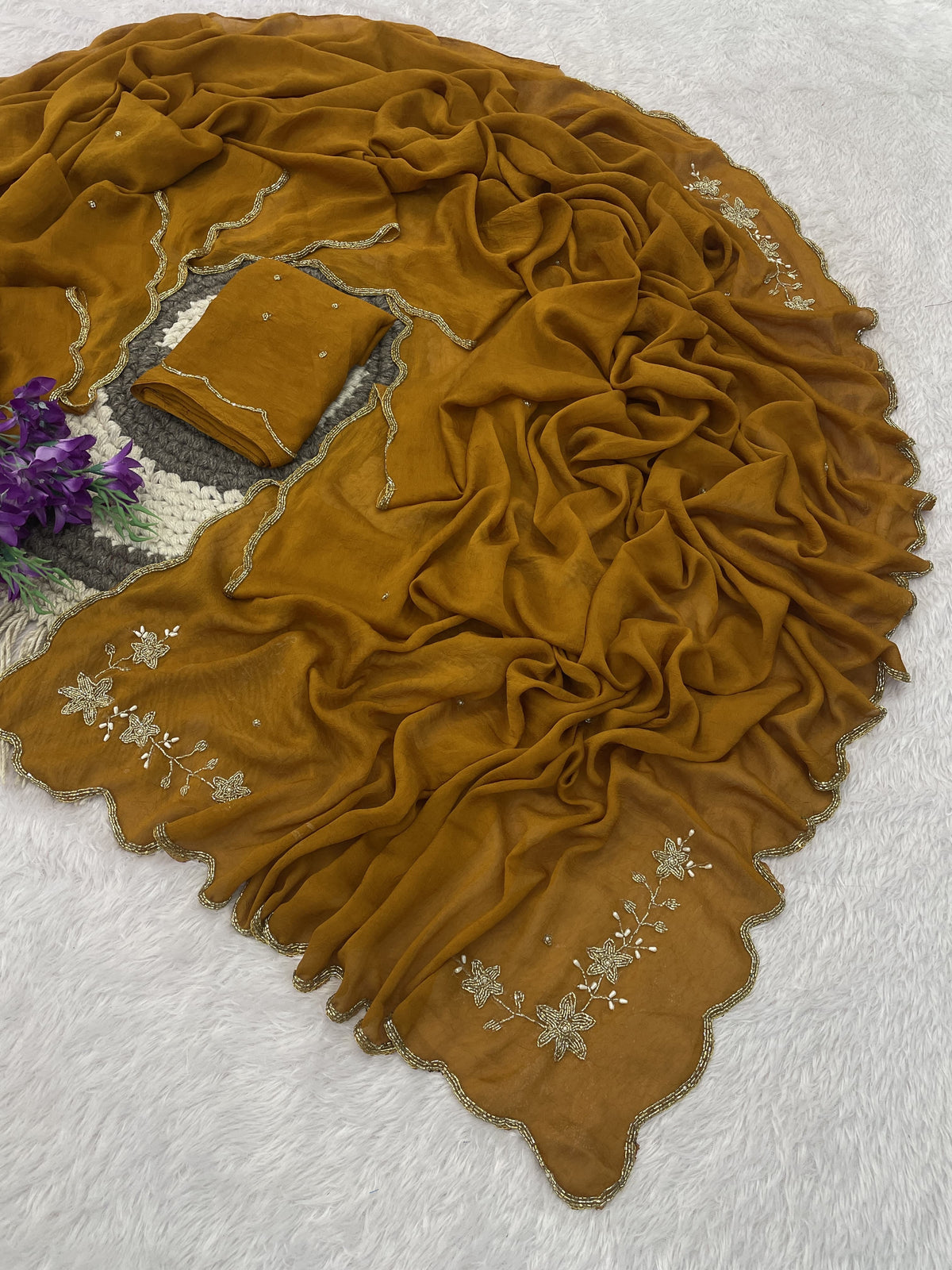 Floral Handwork Silk Saree with Gold Zari Border