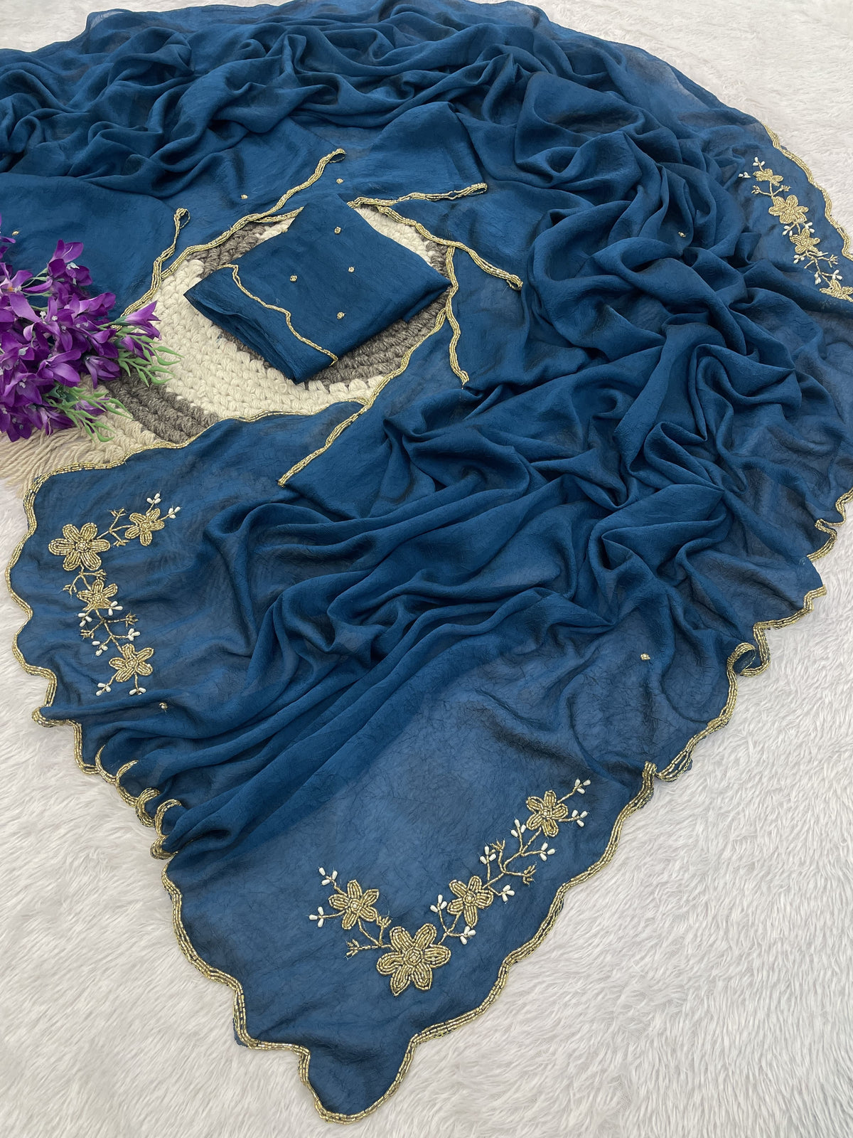 Floral Handwork Silk Saree with Gold Zari Border