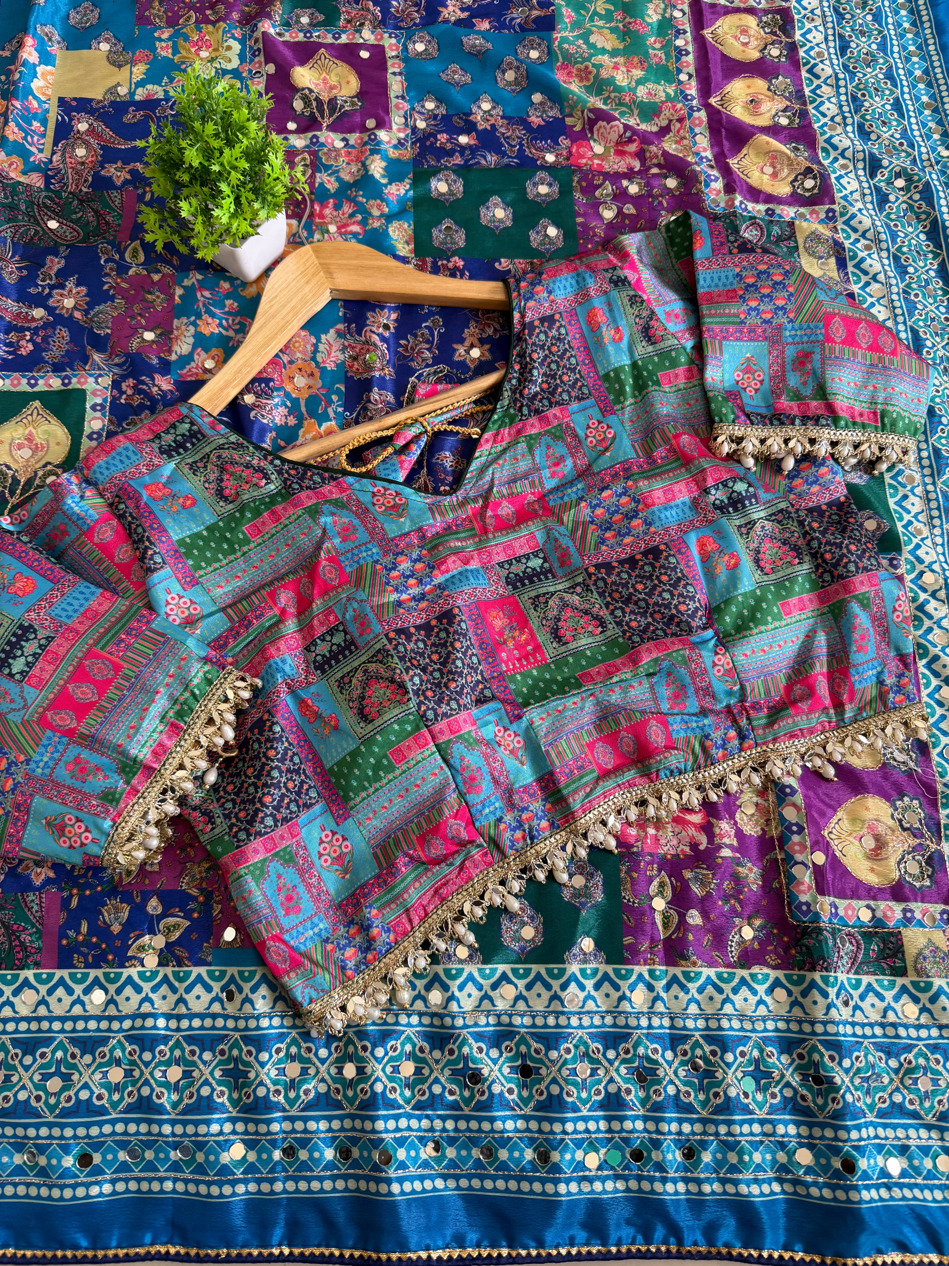Multicolor Digital Print Silk Saree with Mirror Work