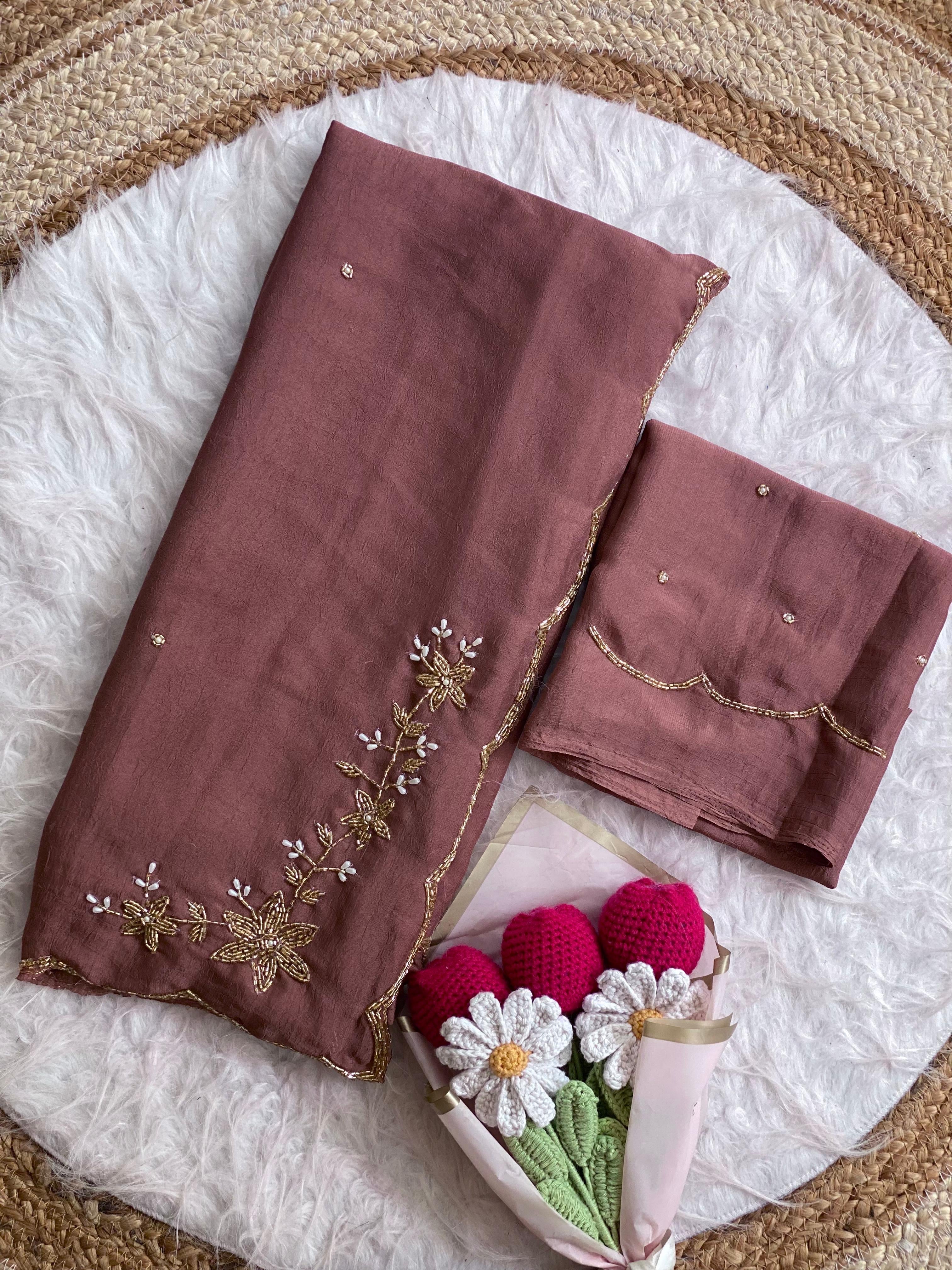 Floral Handwork Silk Saree with Gold Zari Border