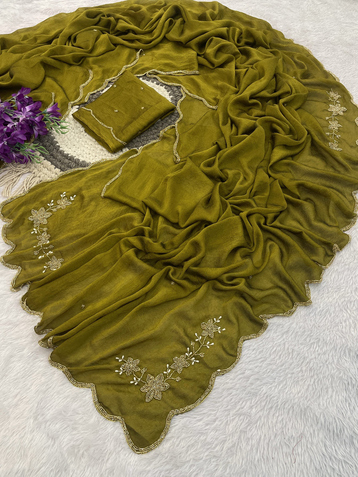 Floral Handwork Silk Saree with Gold Zari Border