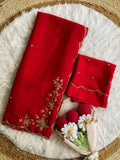 Floral Handwork Silk Saree with Gold Zari Border