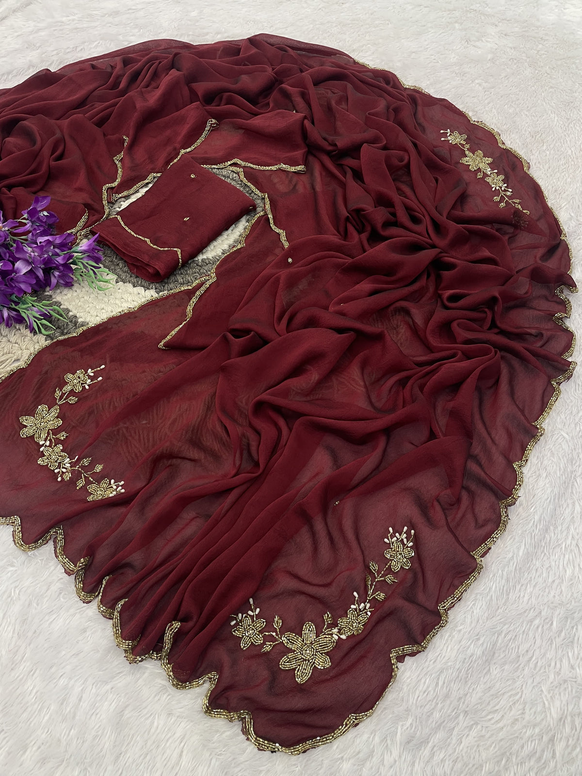 Floral Handwork Silk Saree with Gold Zari Border