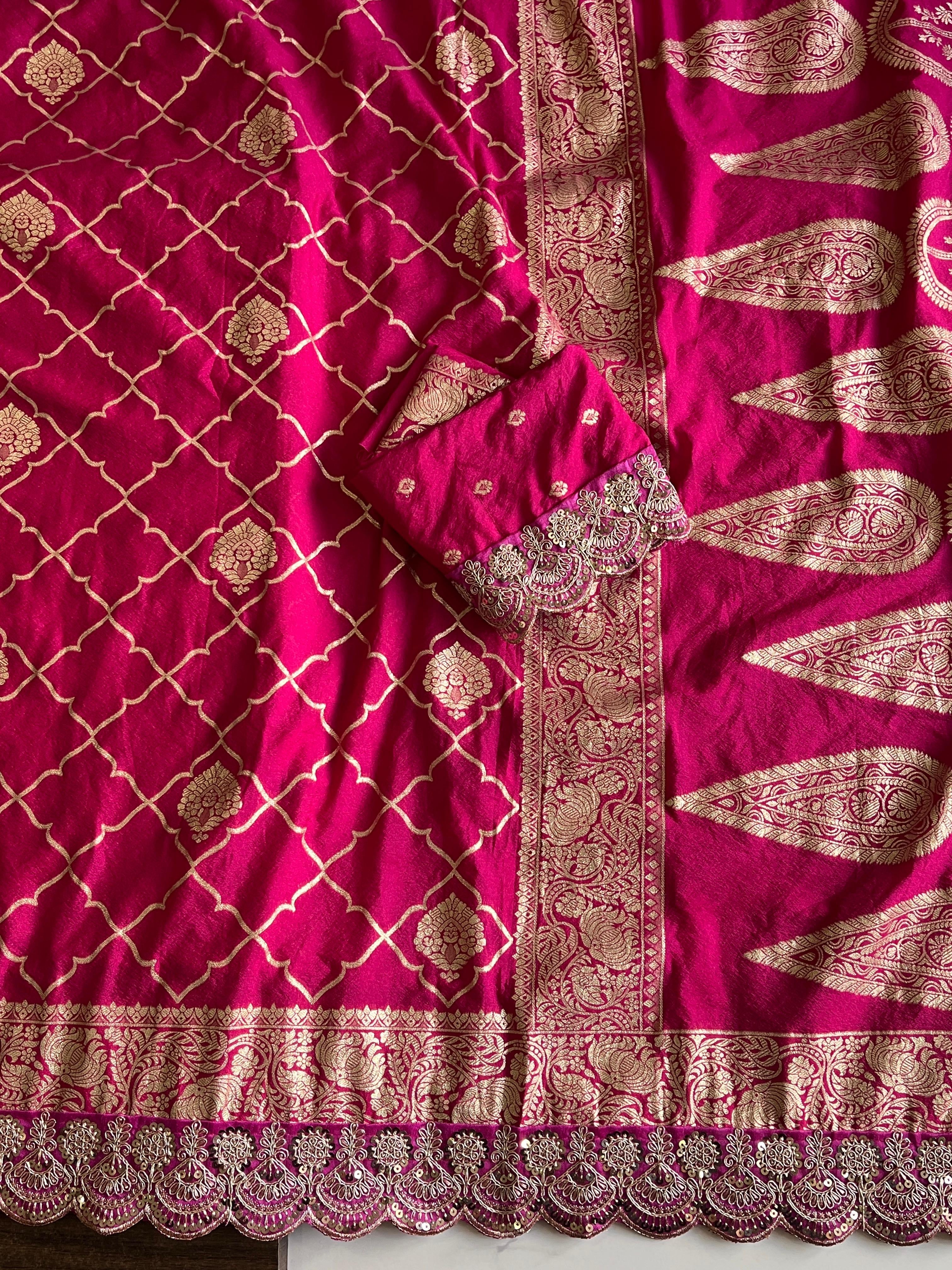 Banarasi Silk Saree with Zari Jaal & Sequin Border