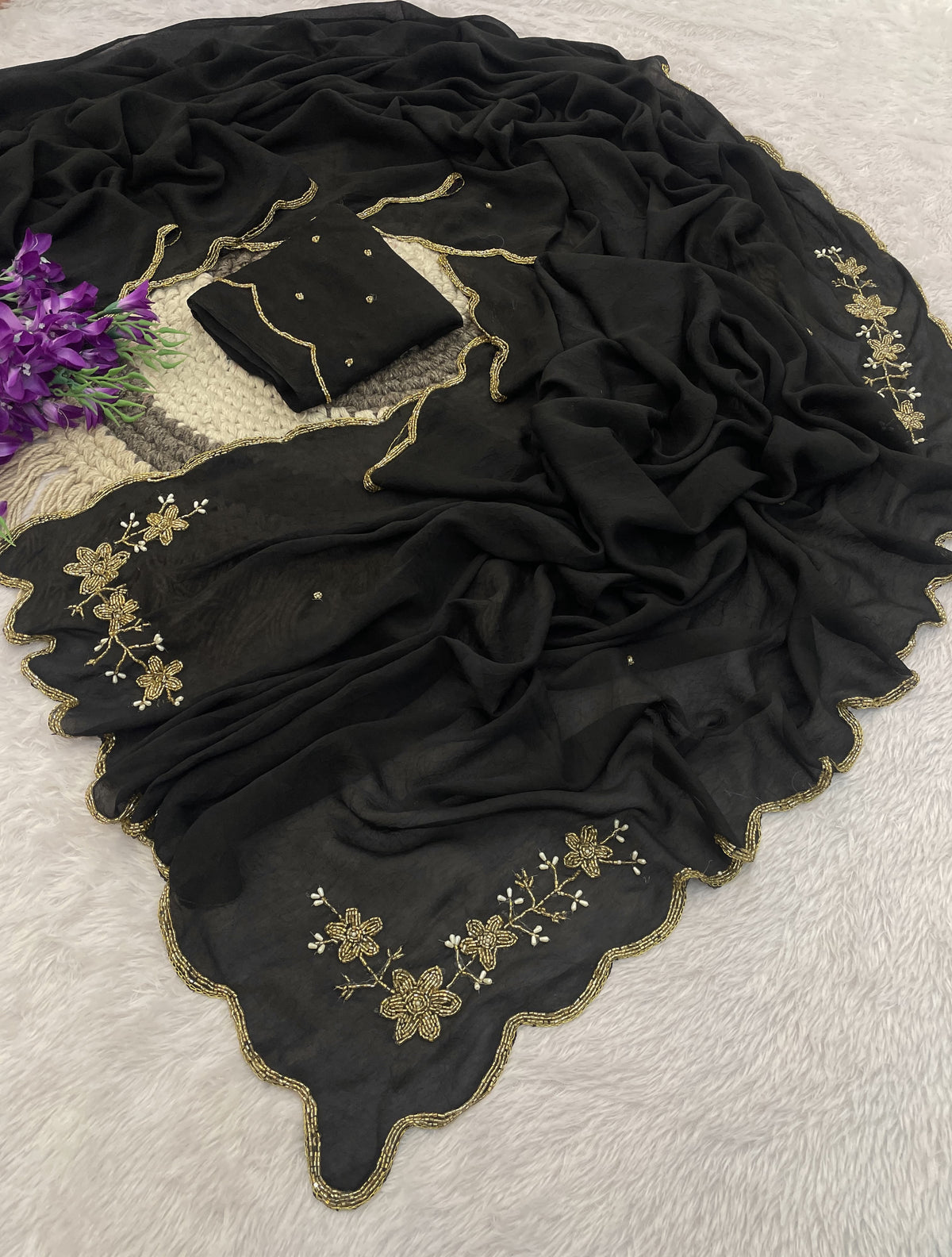 Floral Handwork Silk Saree with Gold Zari Border