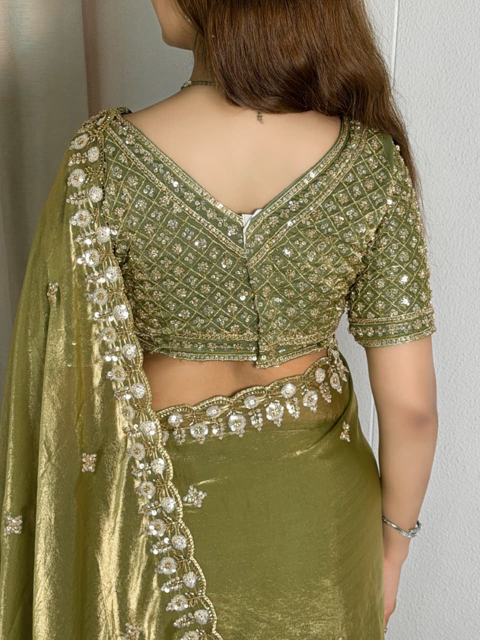 Olive Green Tissue Silk Saree