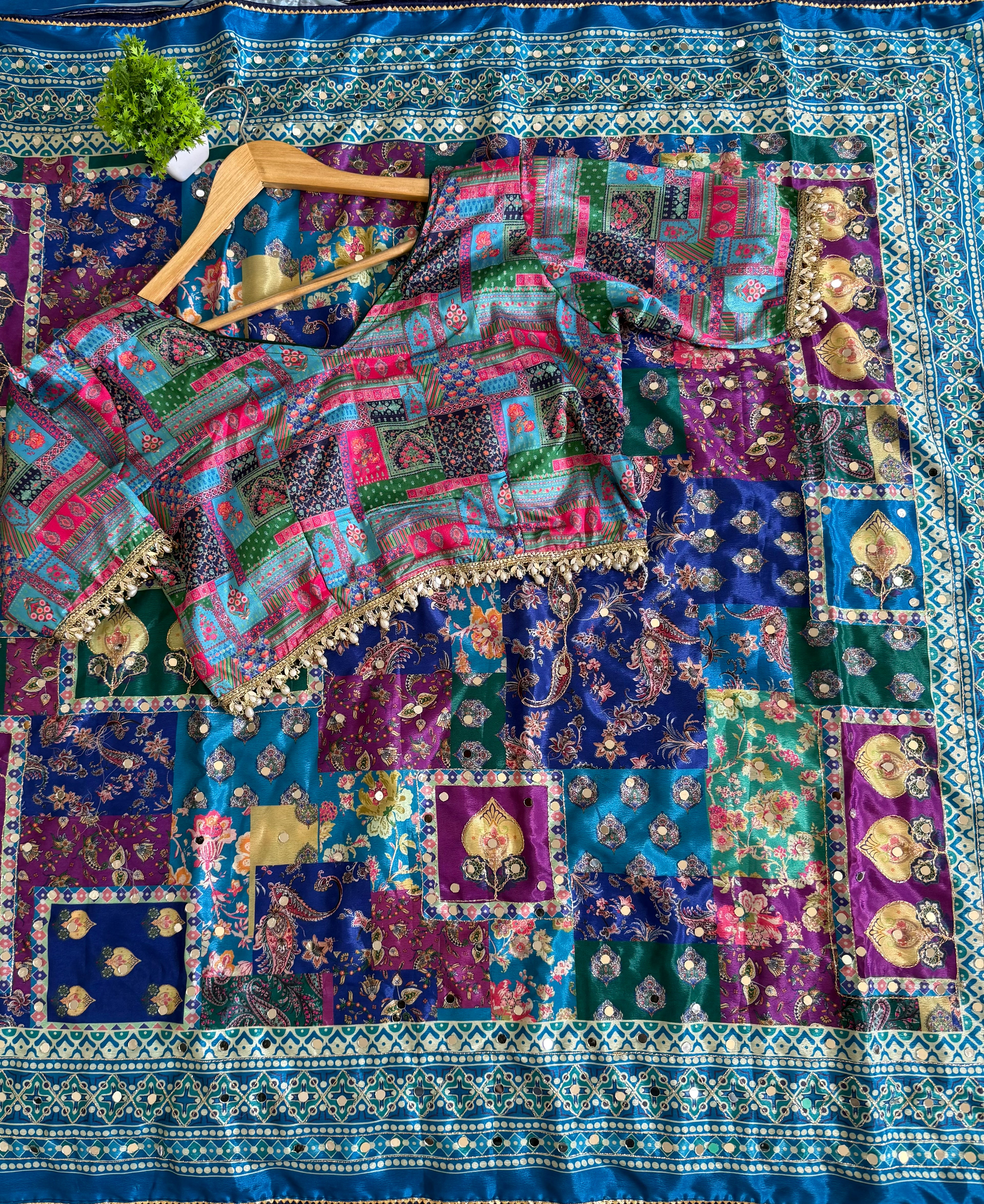 Multicolor Digital Print Silk Saree with Mirror Work