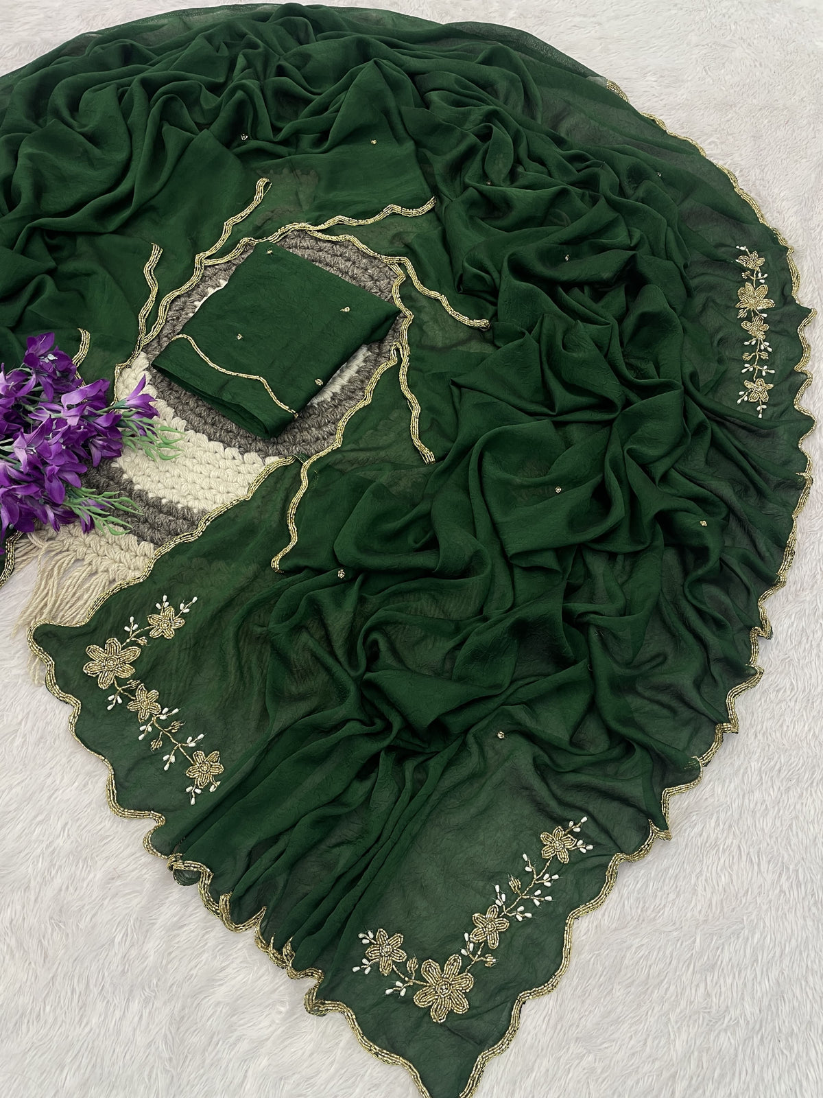 Floral Handwork Silk Saree with Gold Zari Border
