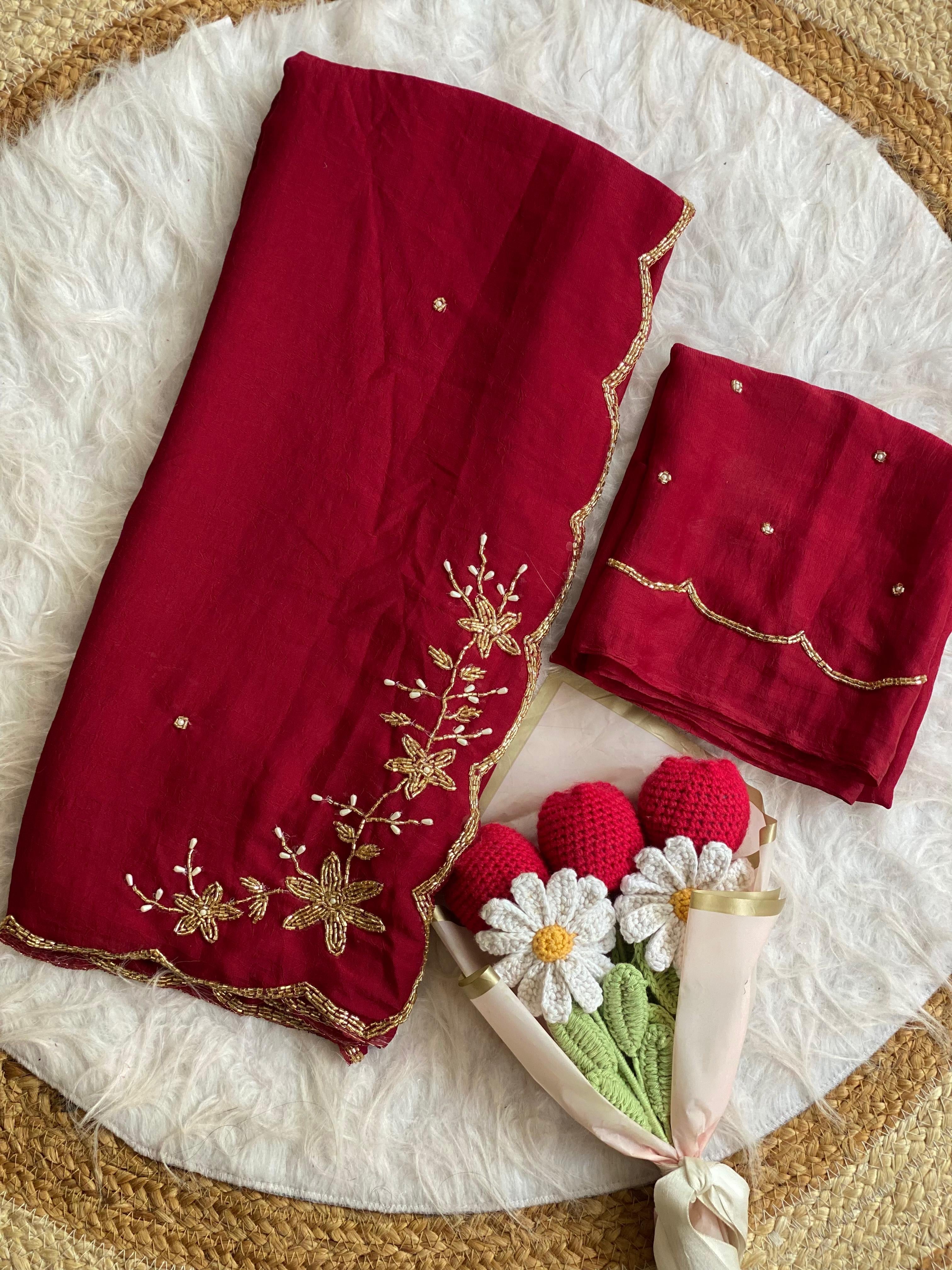 Floral Handwork Silk Saree with Gold Zari Border