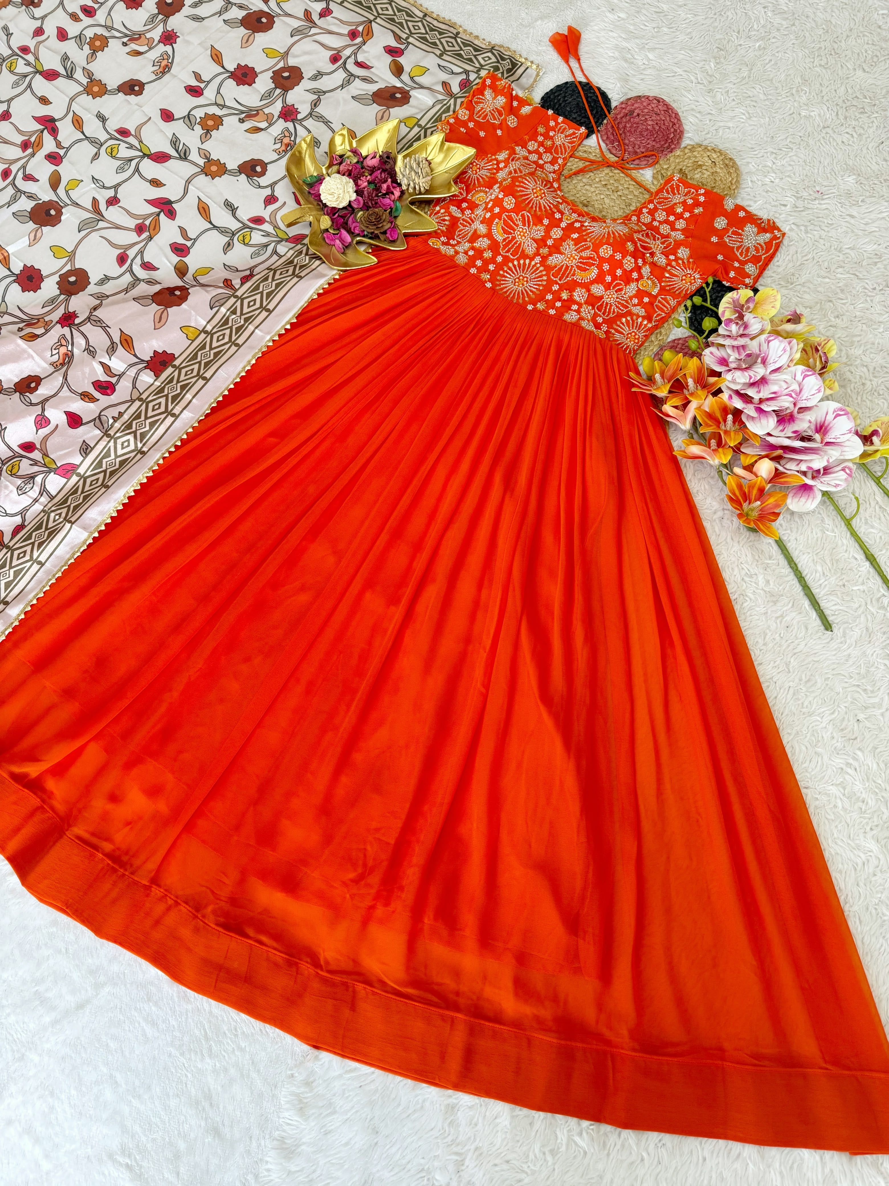 Orange Kalamkari Dupptta Gown