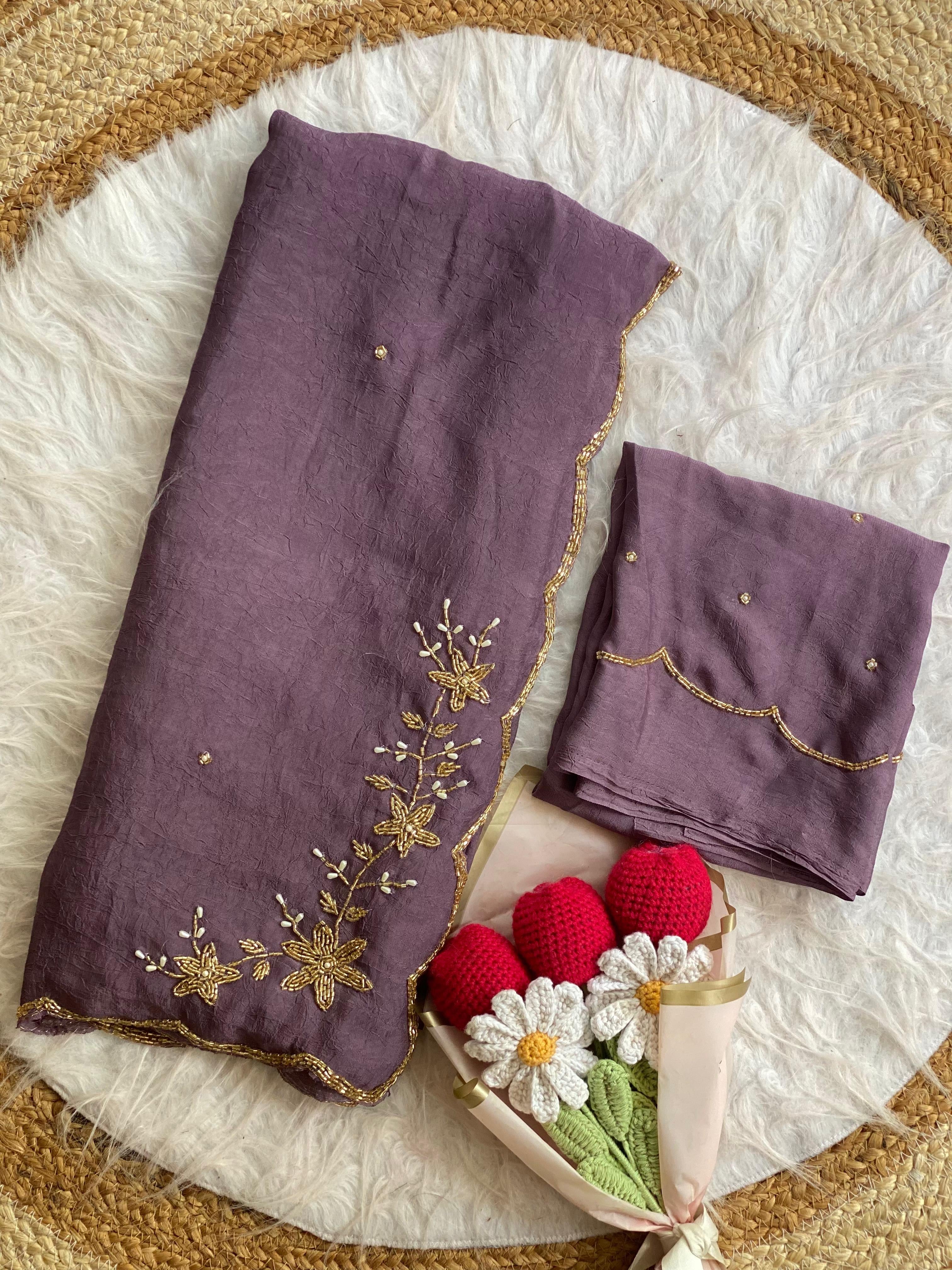 Floral Handwork Silk Saree with Gold Zari Border