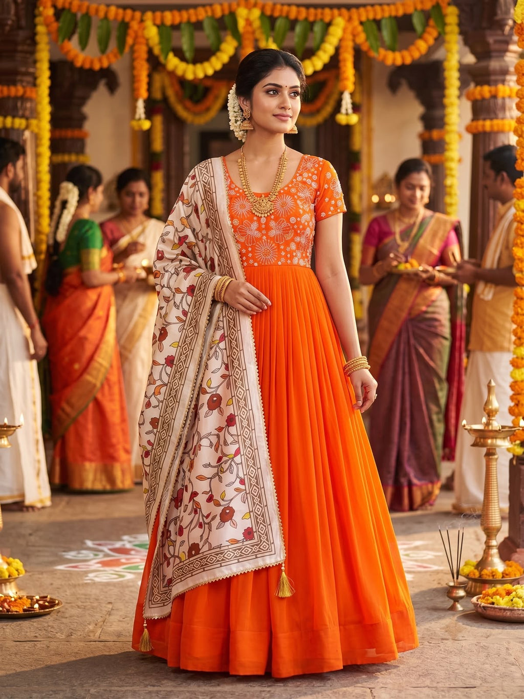 Orange Kalamkari Dupptta Gown