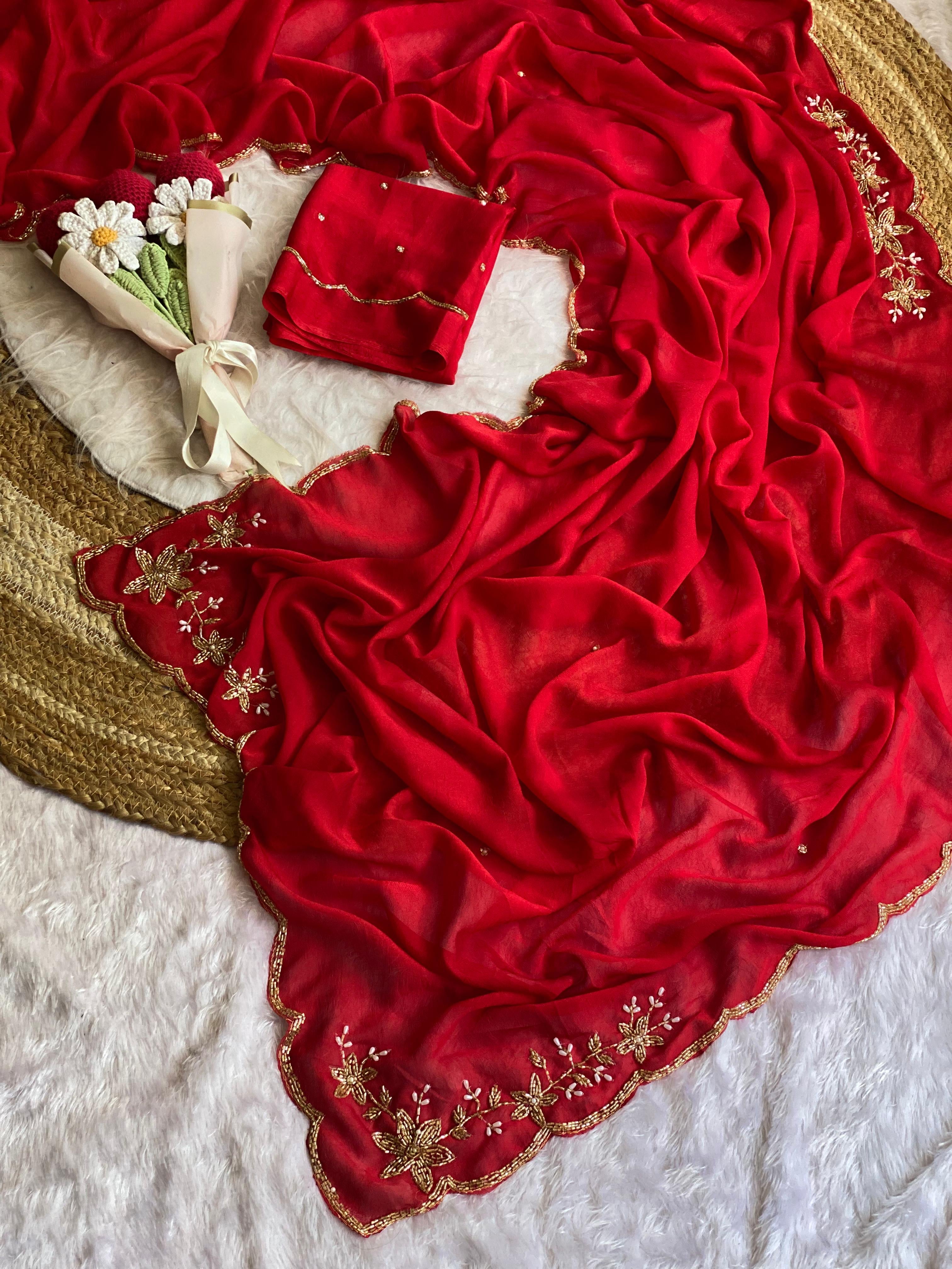 Floral Handwork Silk Saree with Gold Zari Border