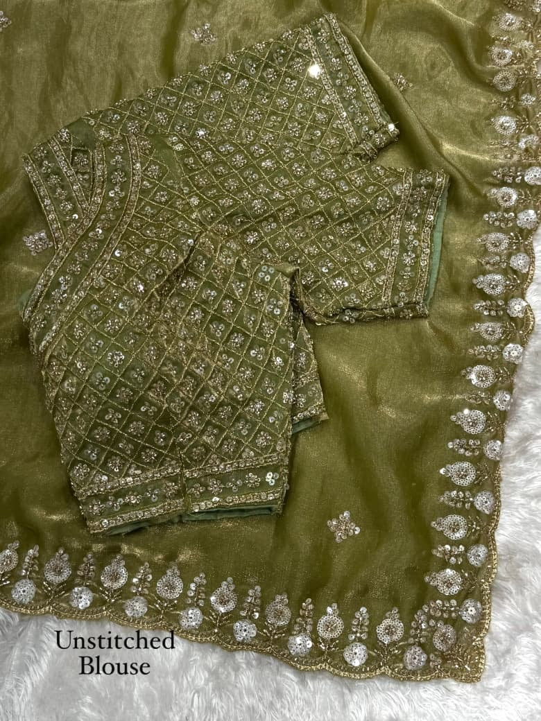 Olive Green Tissue Silk Saree