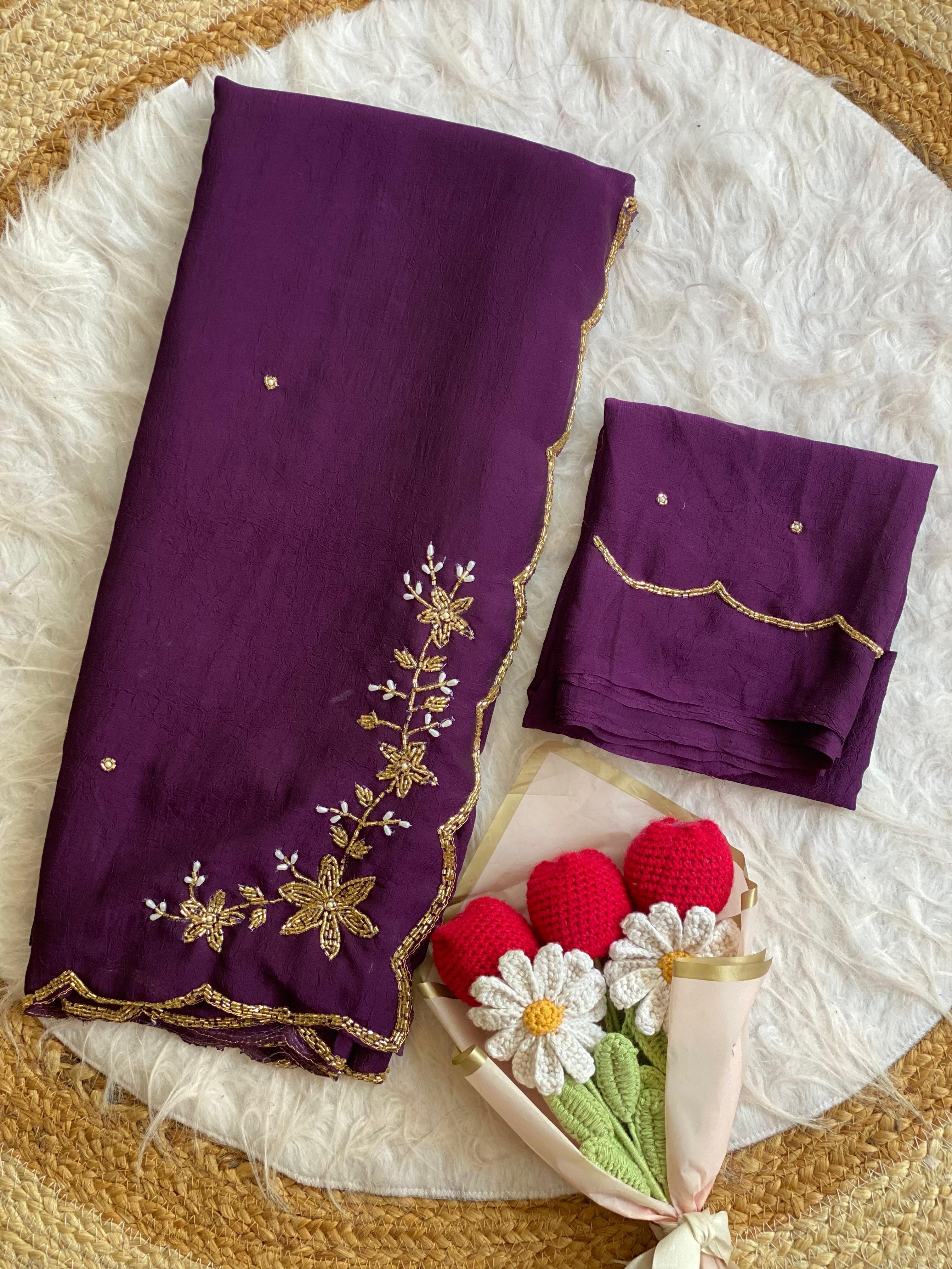 Floral Handwork Silk Saree with Gold Zari Border