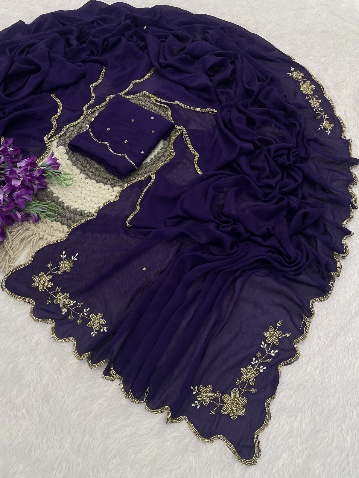 Floral Handwork Silk Saree with Gold Zari Border