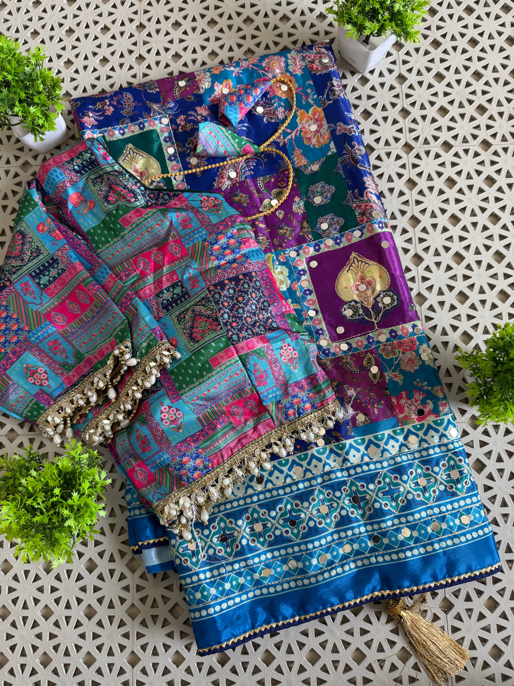 Multicolor Digital Print Silk Saree with Mirror Work