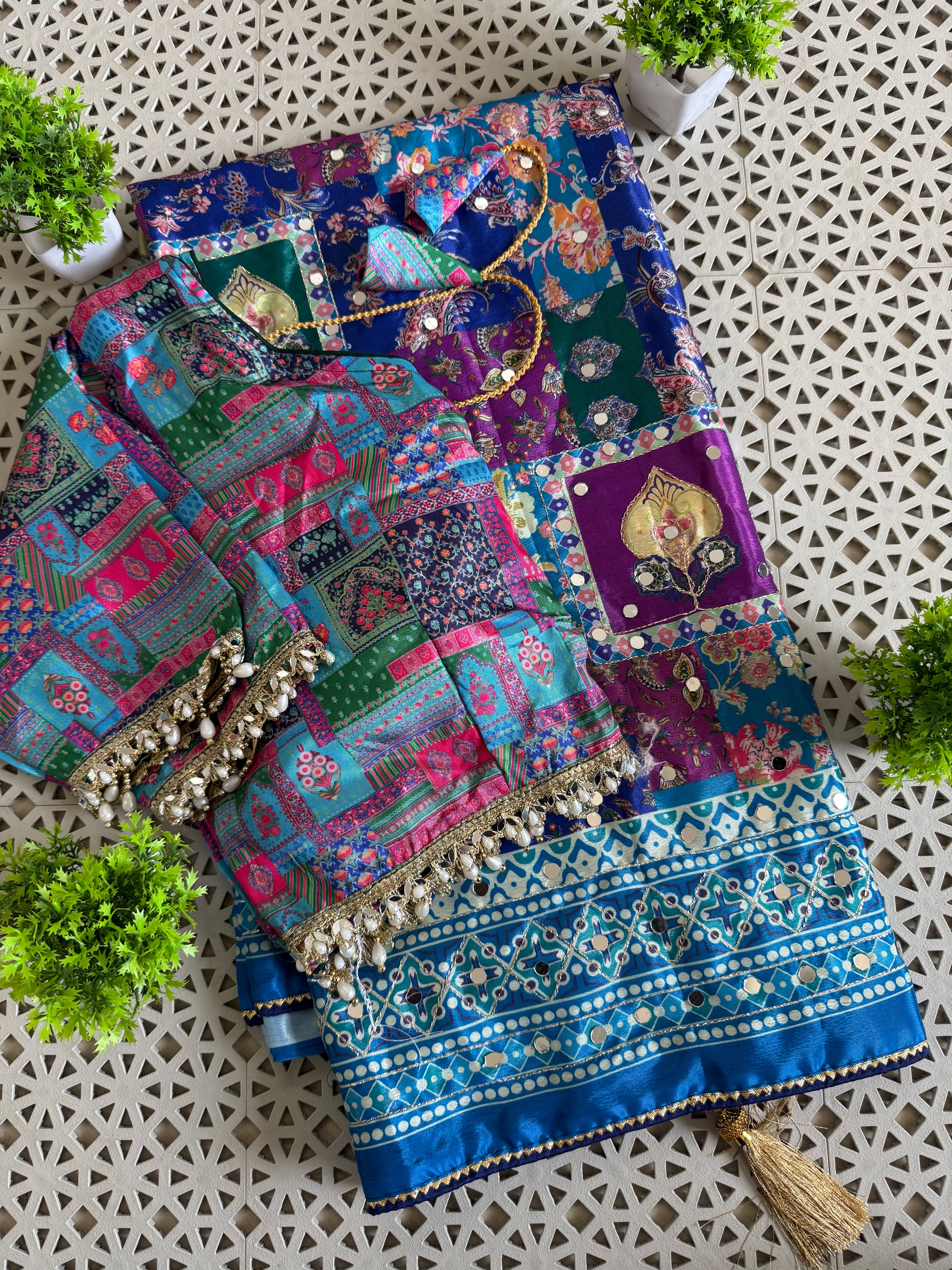 Multicolor Digital Print Silk Saree with Mirror Work