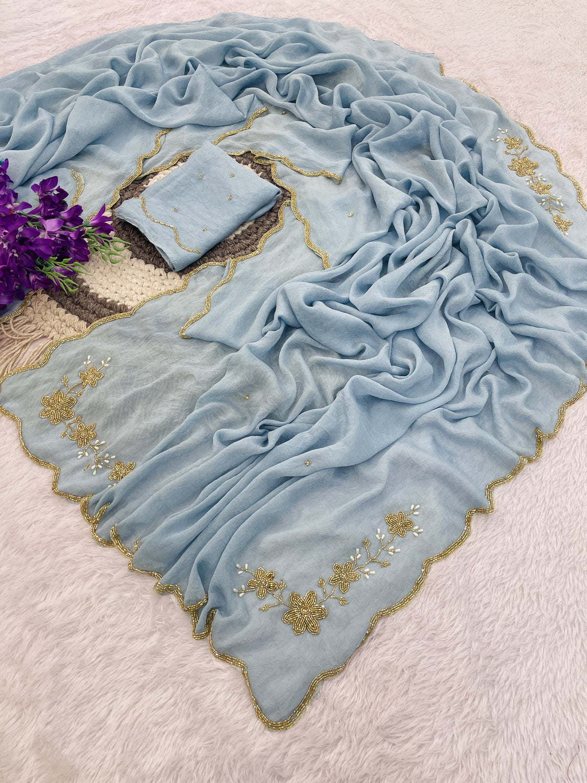 Floral Handwork Silk Saree with Gold Zari Border