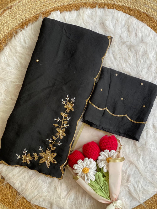 Floral Handwork Silk Saree with Gold Zari Border