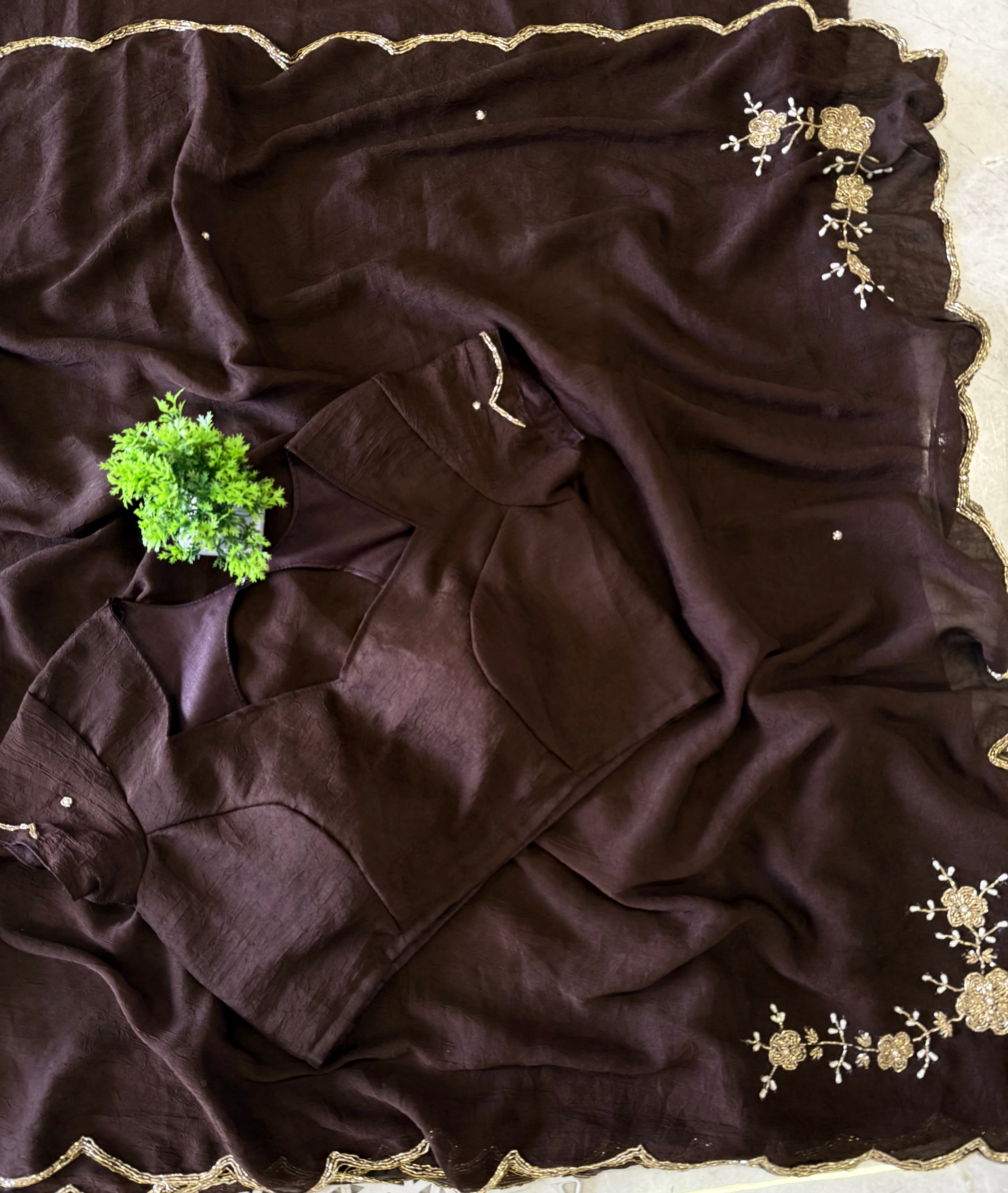 Floral Handwork Silk Saree with Gold Zari Border