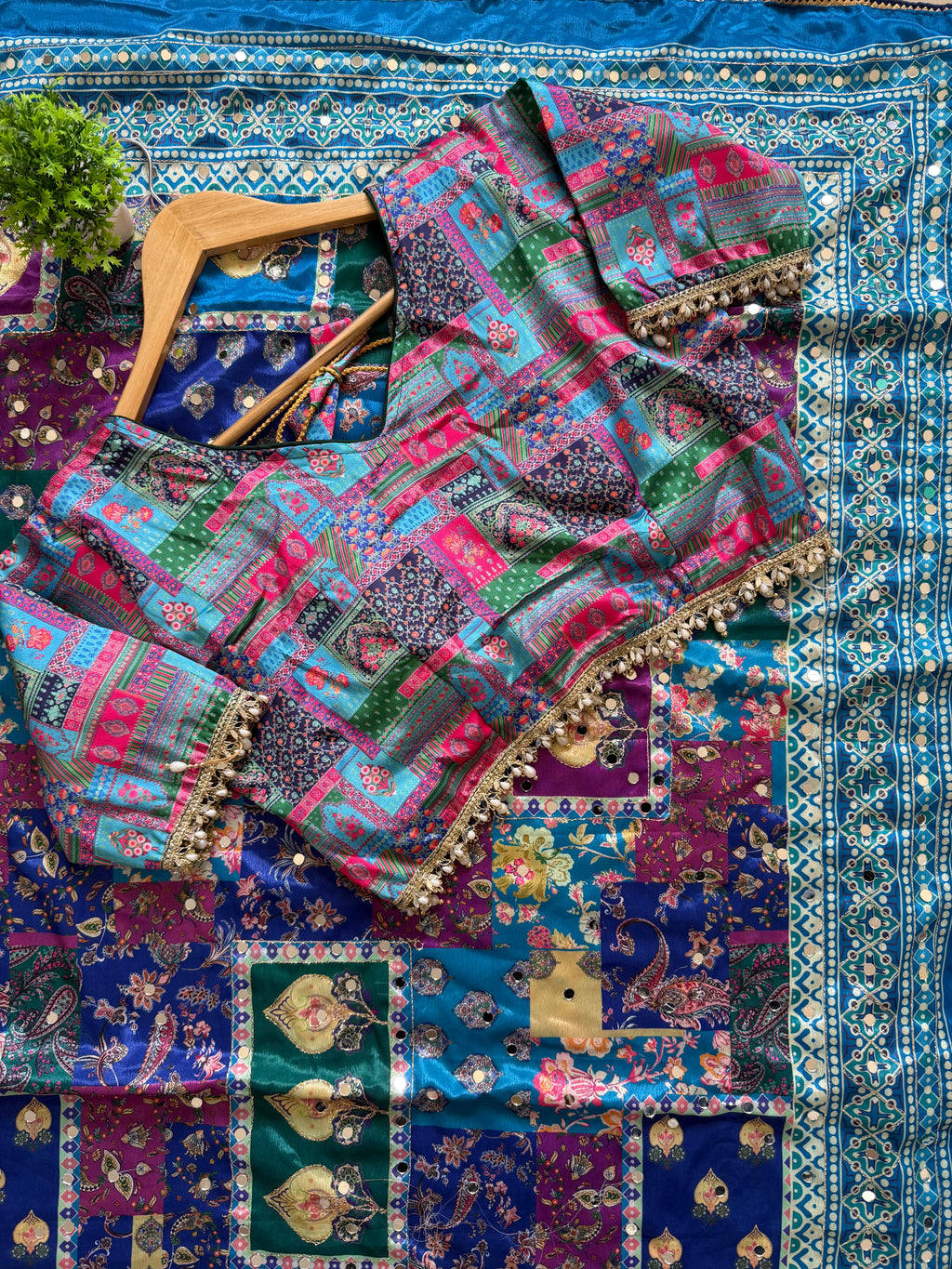 Multicolor Digital Print Silk Saree with Mirror Work
