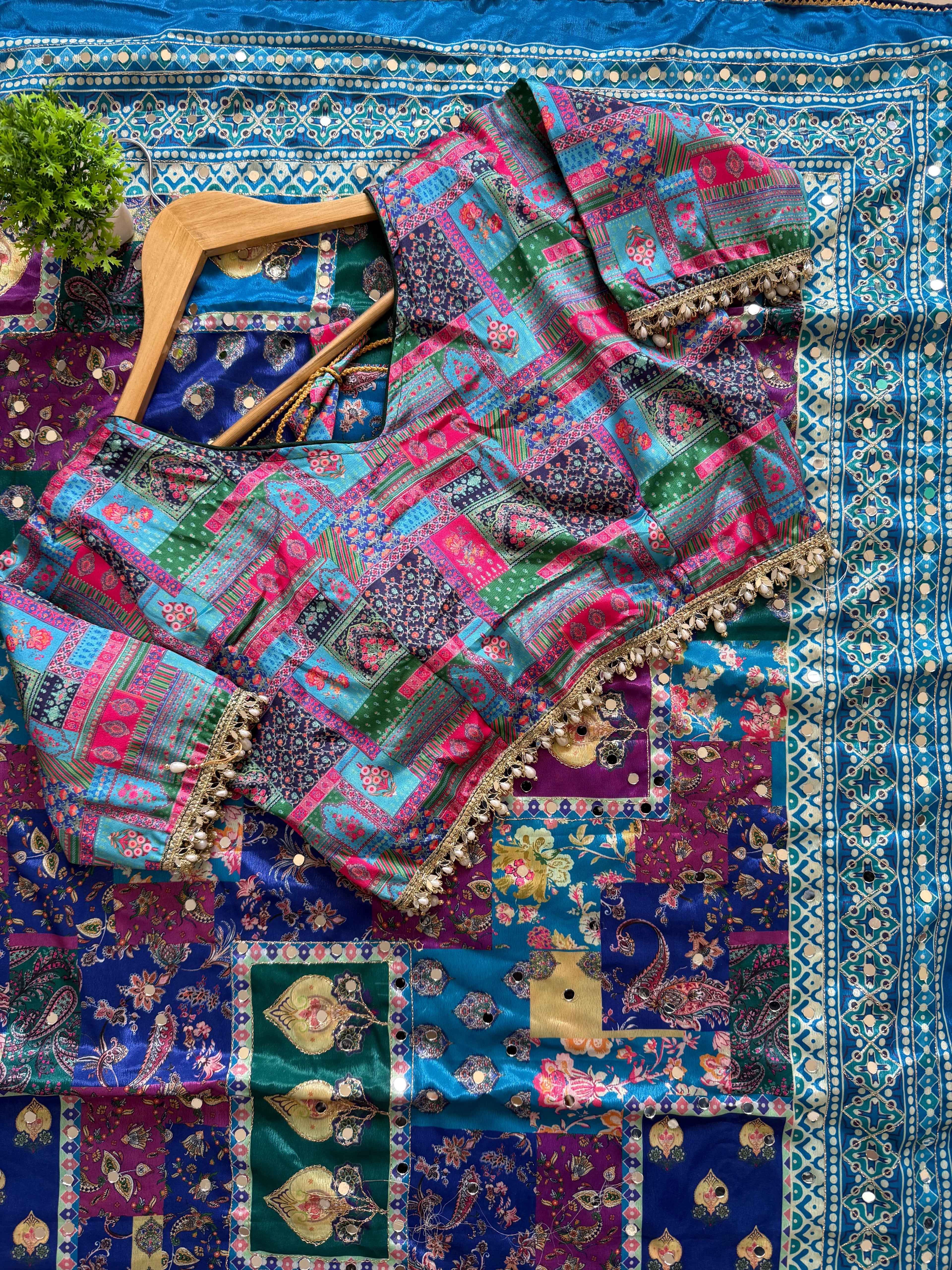 Multicolor Digital Print Silk Saree with Mirror Work
