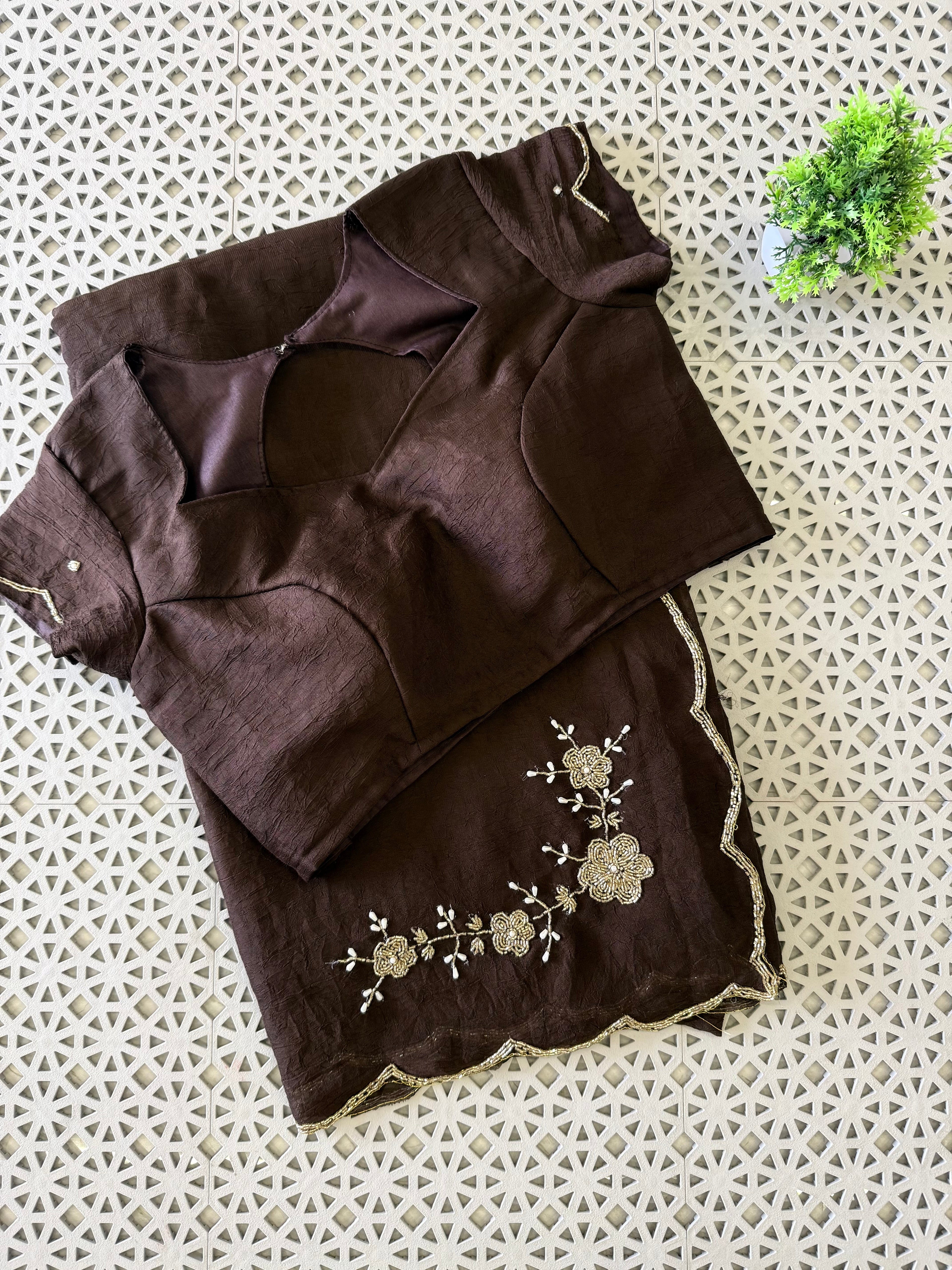 Floral Handwork Silk Saree with Gold Zari Border