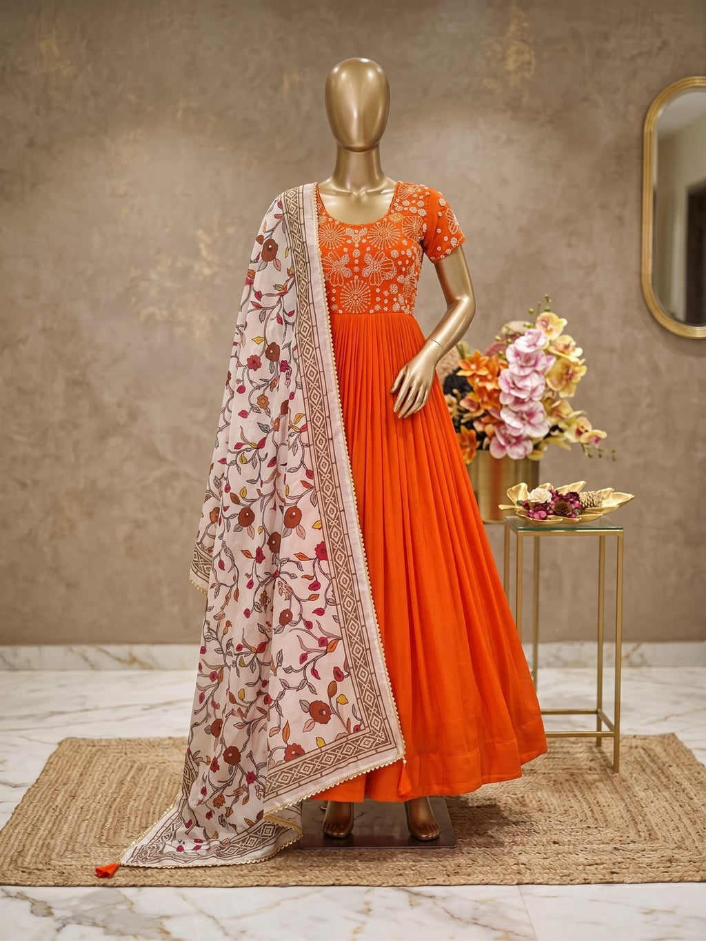 Orange Kalamkari Dupptta Gown