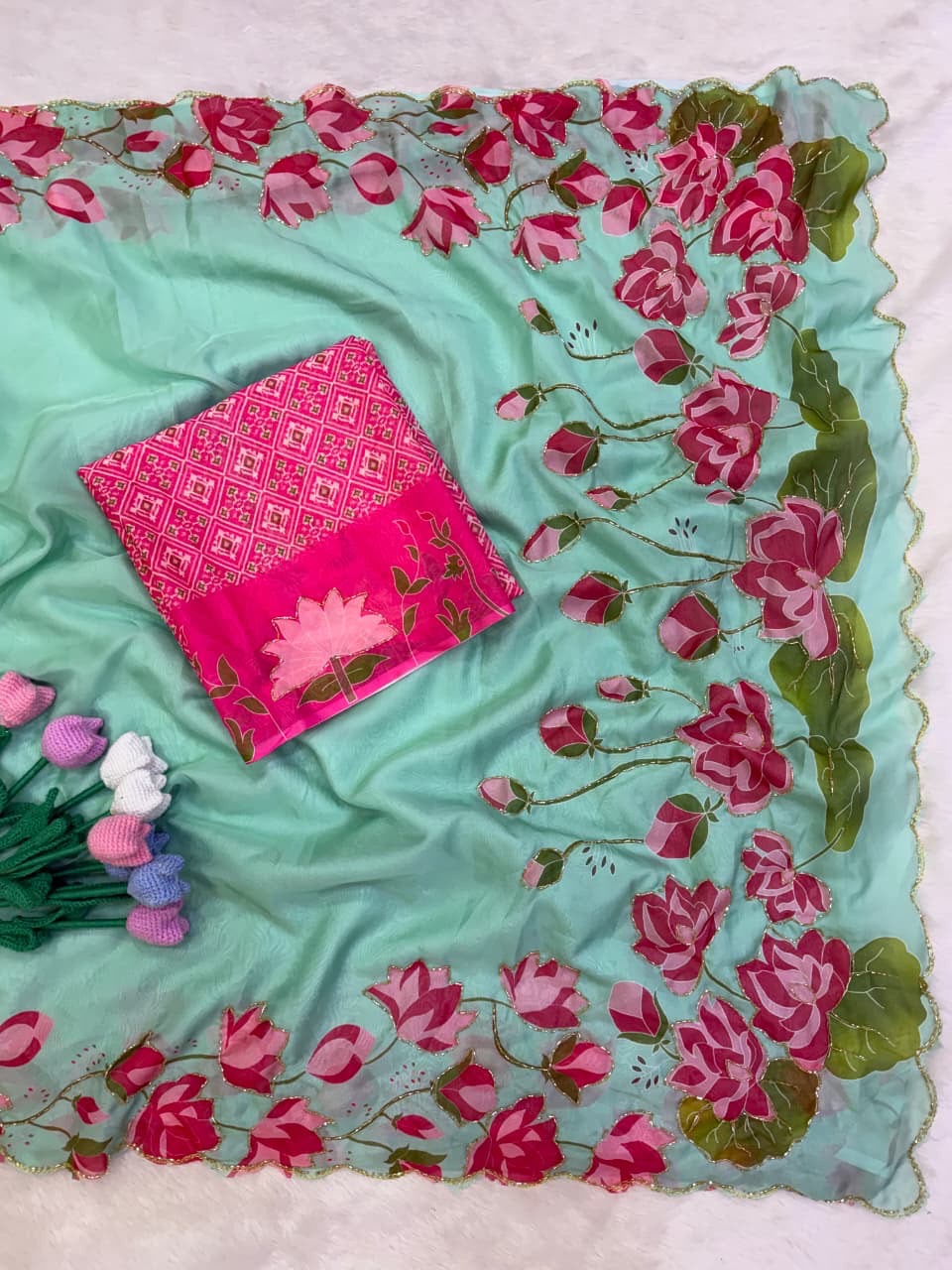 Pure Tabby Silk Saree  With Handwork Design
