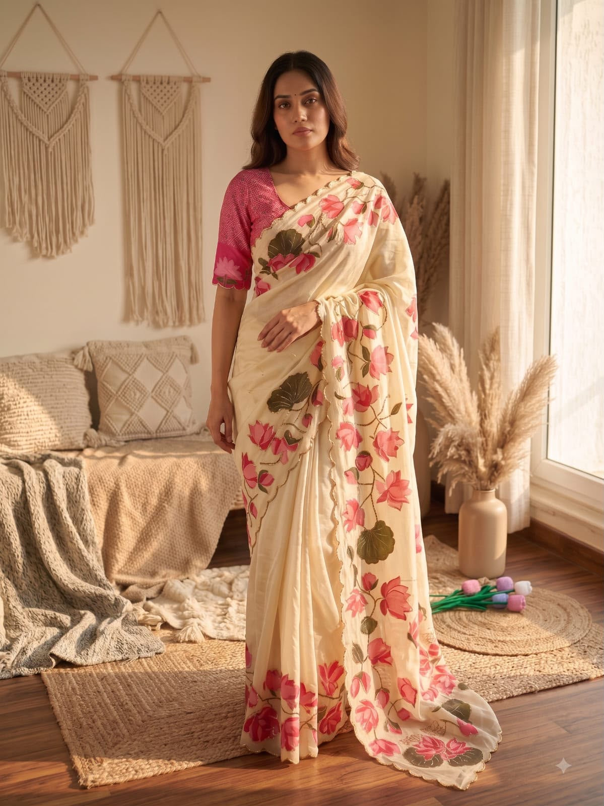 Pure Tabby Silk Saree  With Handwork Design