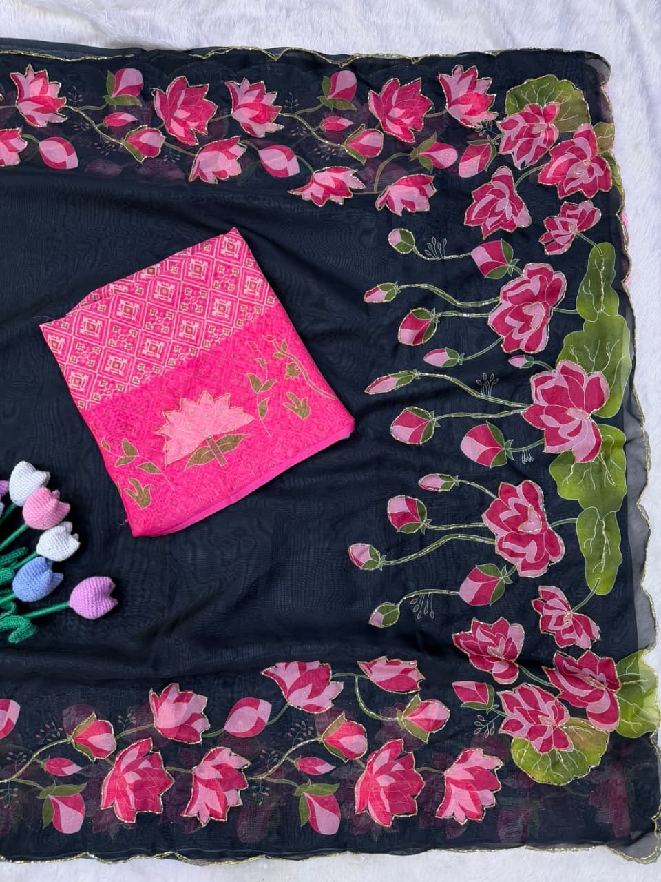 Pure Tabby Silk Saree  With Handwork Design