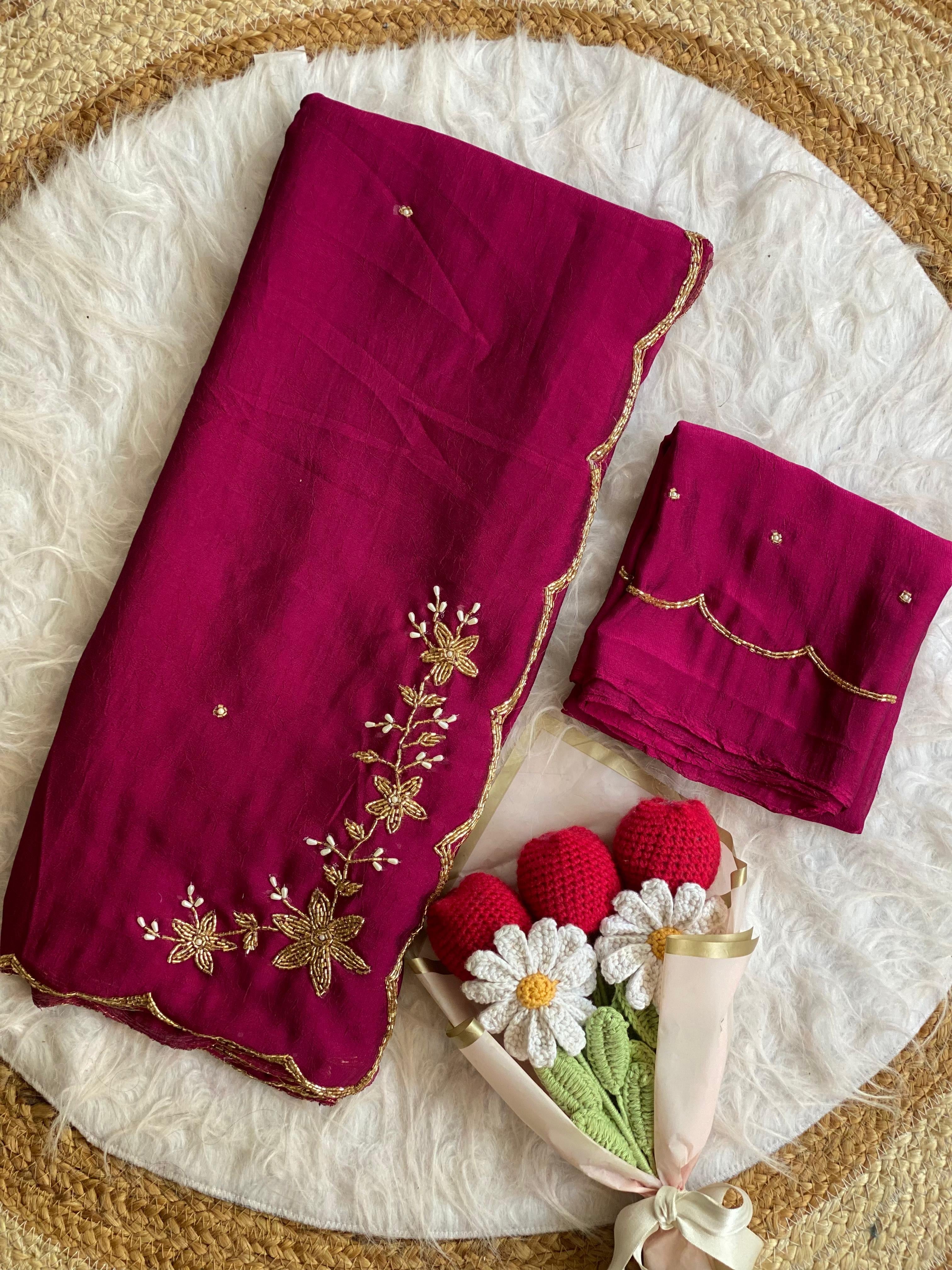 Floral Handwork Silk Saree with Gold Zari Border