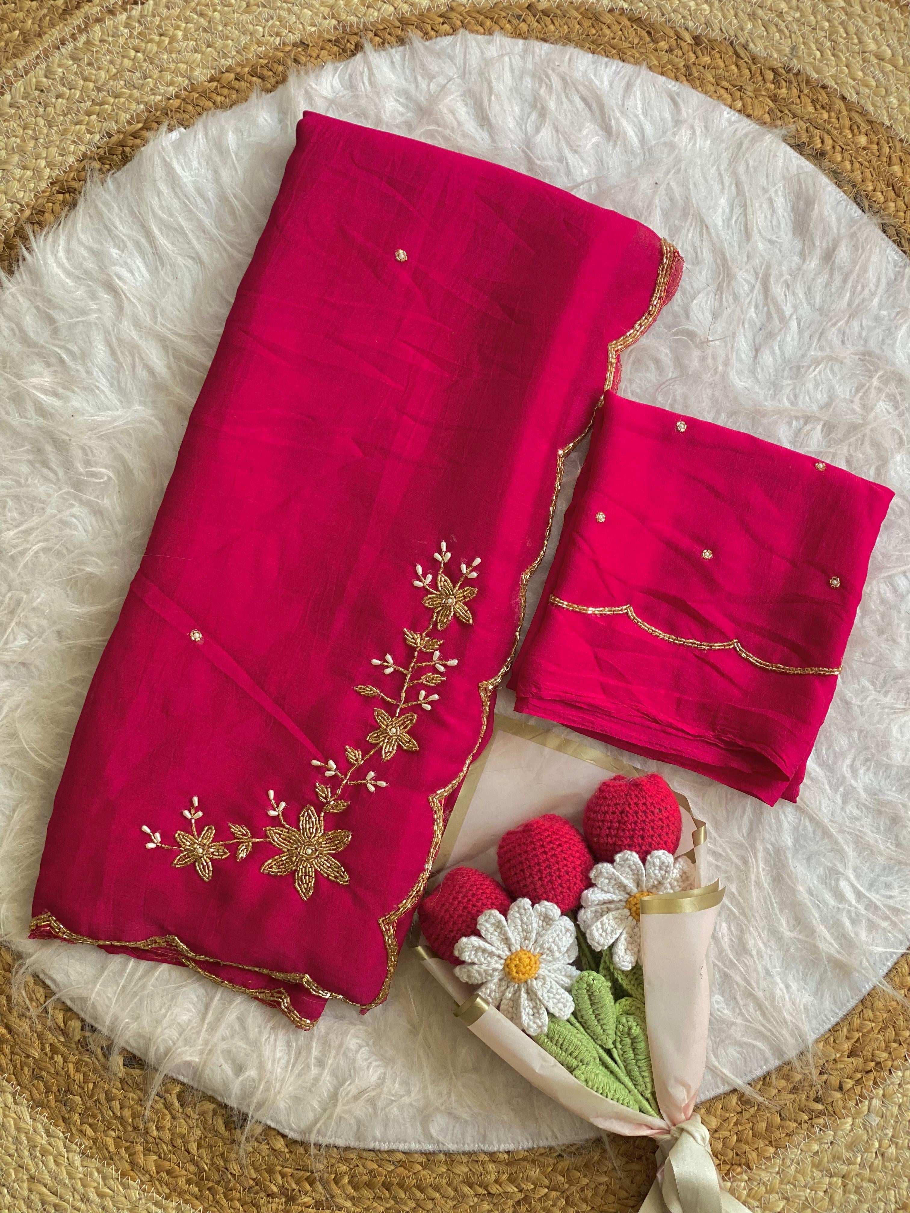Floral Handwork Silk Saree with Gold Zari Border