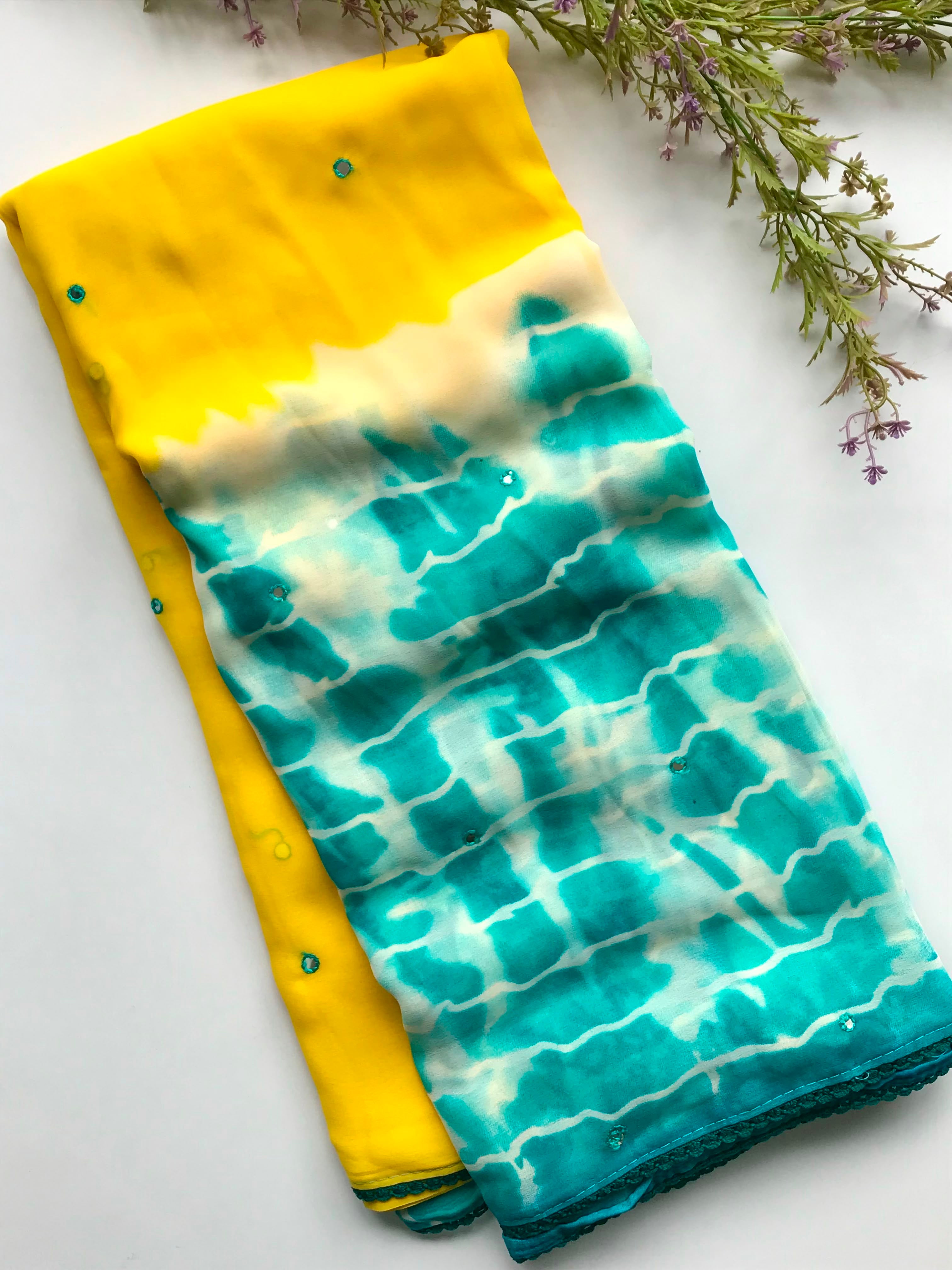 Yellow Teal Shibori Georgette Saree