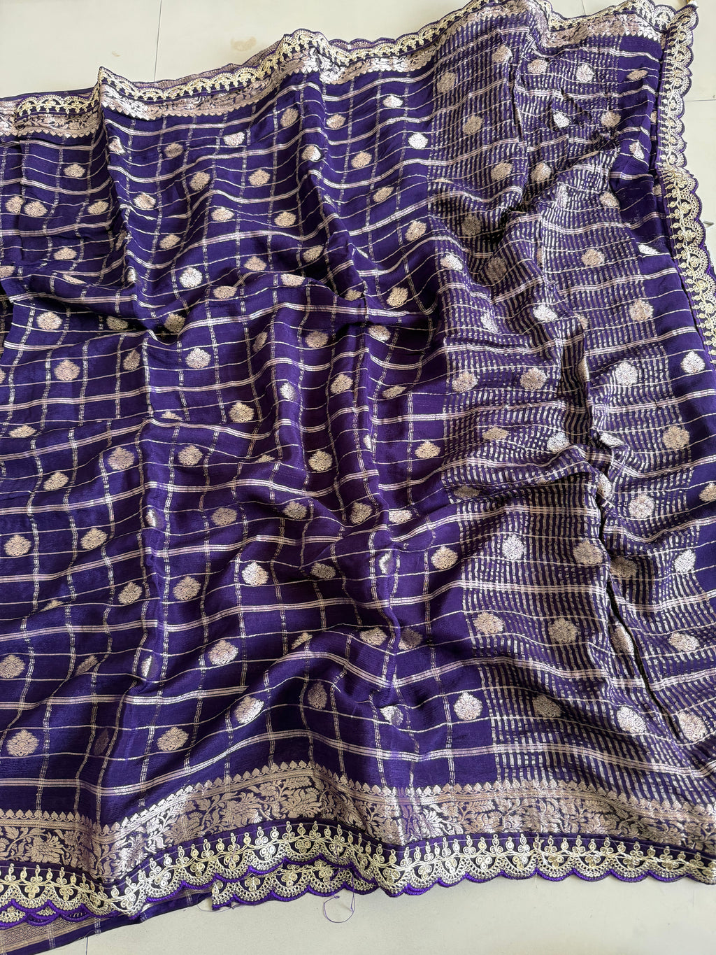 Purple Zari Check Banarasi Silk Saree with Gold Butti