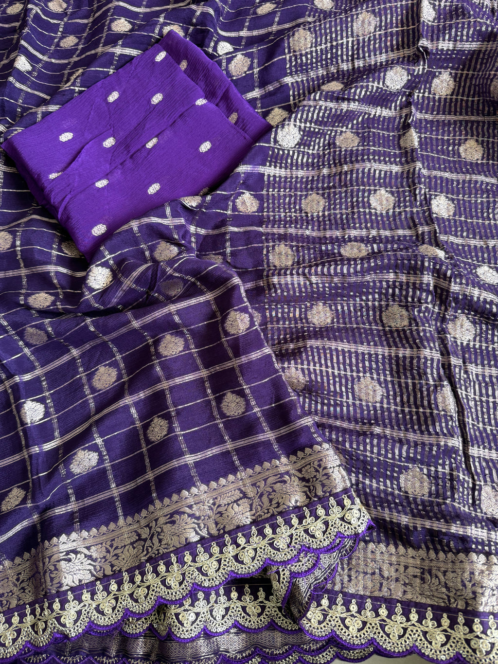Purple Zari Check Banarasi Silk Saree with Gold Butti