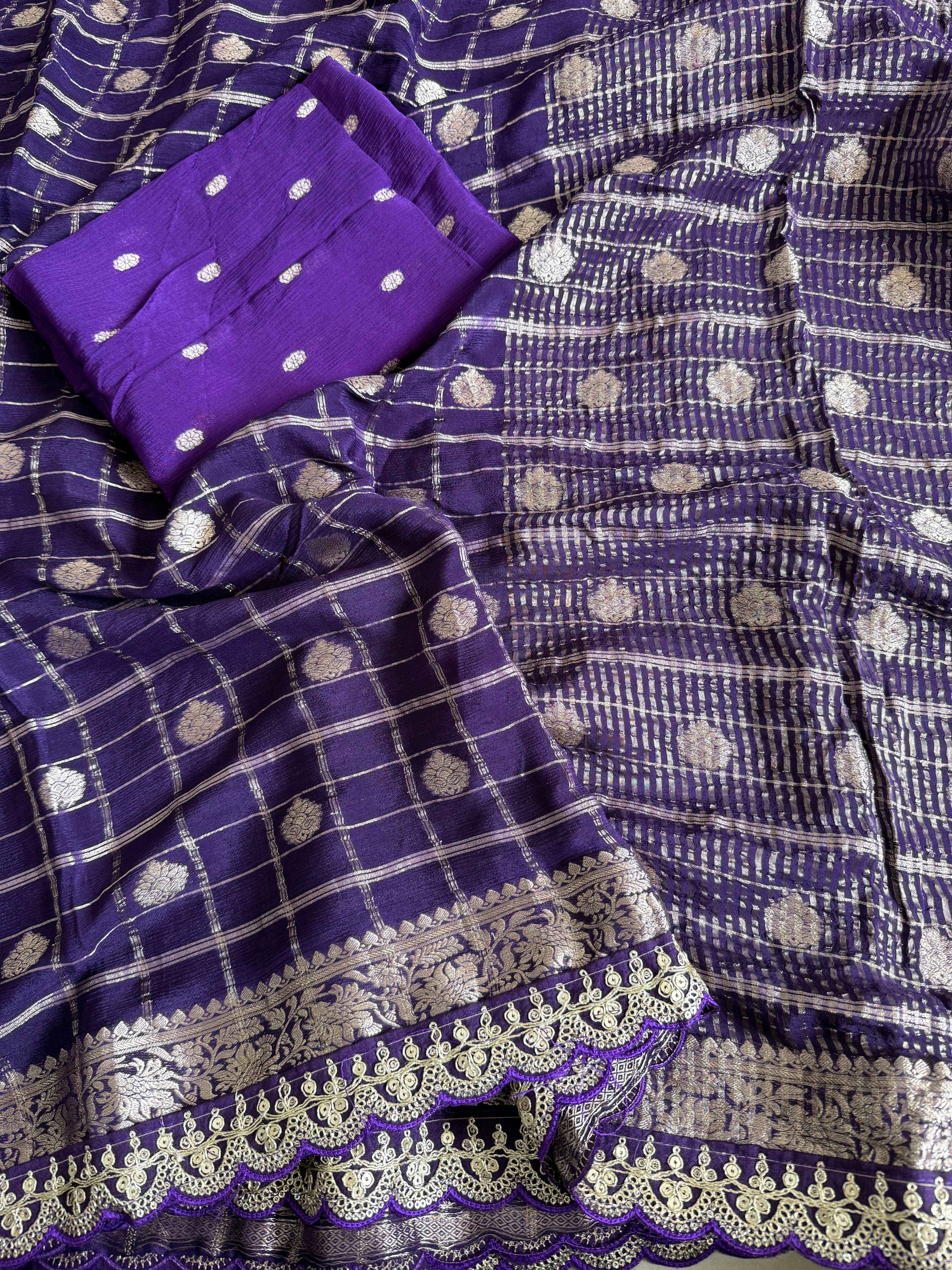 Purple Zari Check Banarasi Silk Saree with Gold Butti