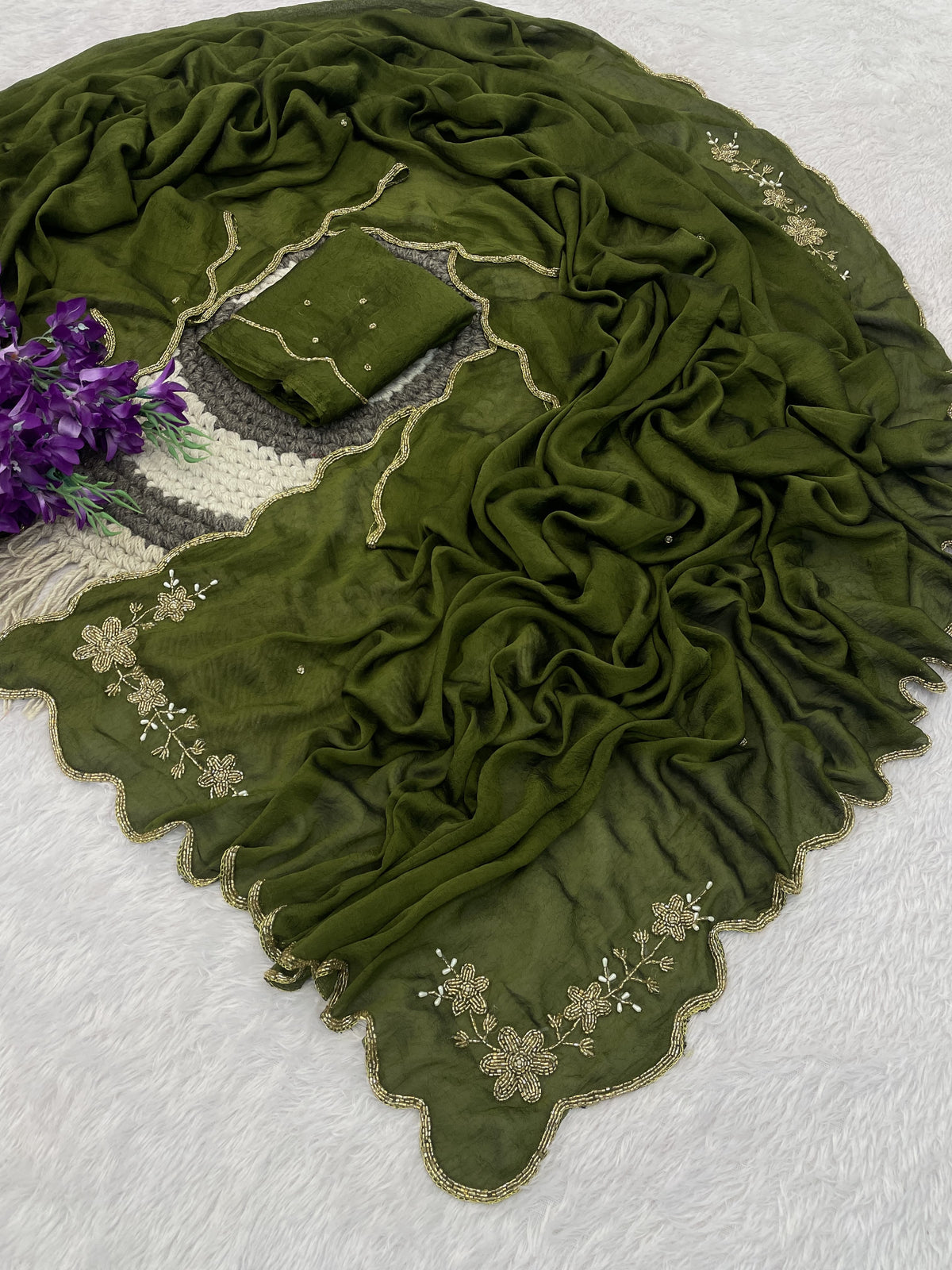 Floral Handwork Silk Saree with Gold Zari Border
