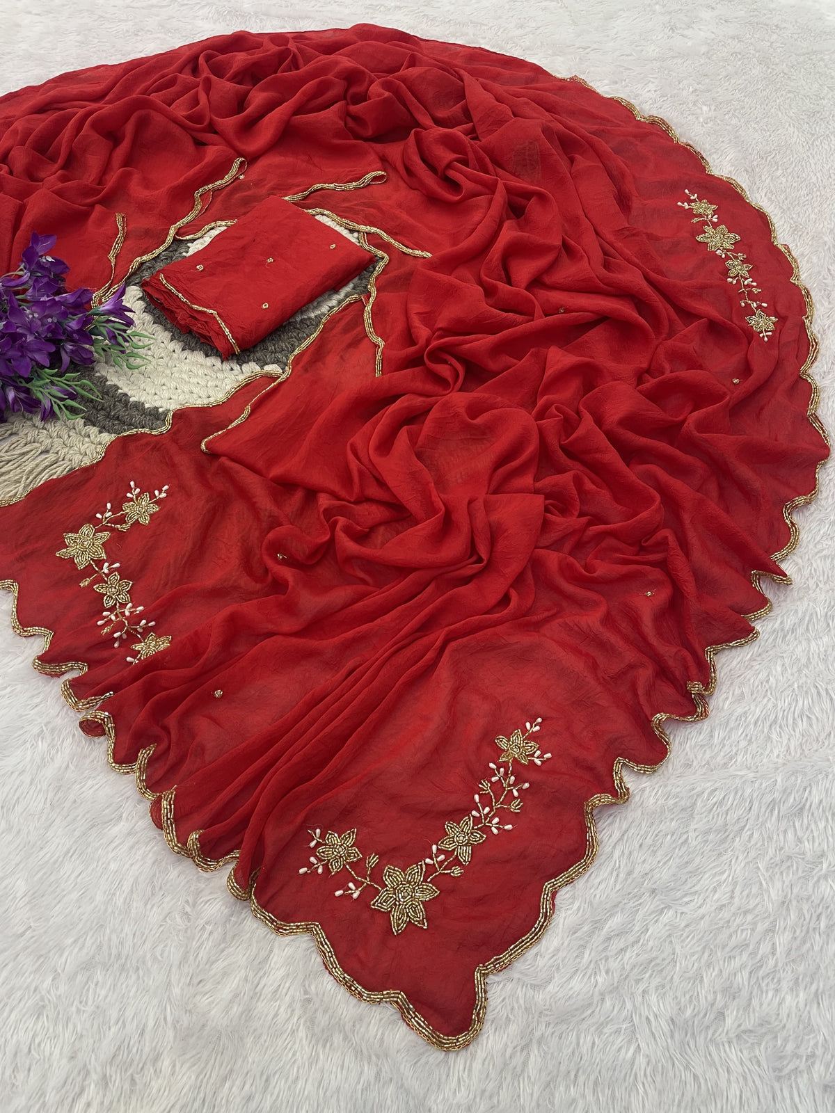 Floral Handwork Silk Saree with Gold Zari Border