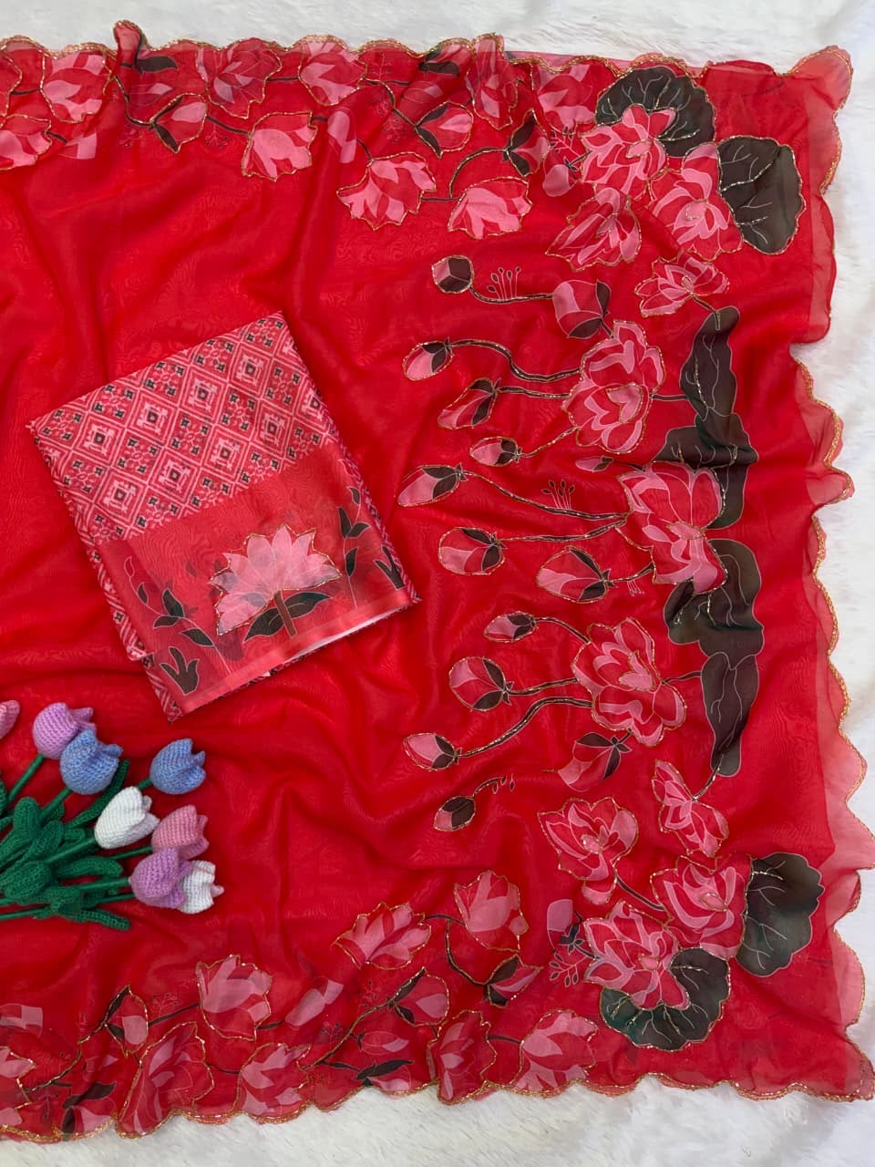 Pure Tabby Silk Saree  With Handwork Design