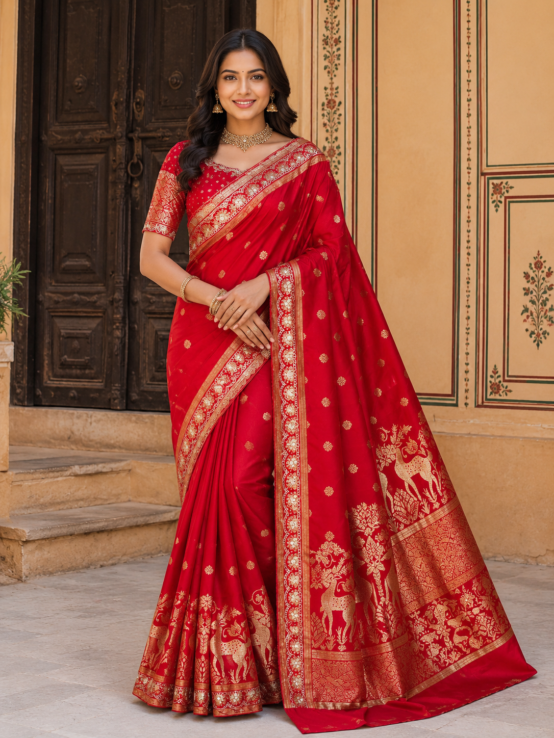 Premium Banarasi Pattu saree with elegant weaving Motifs design on all over the saree