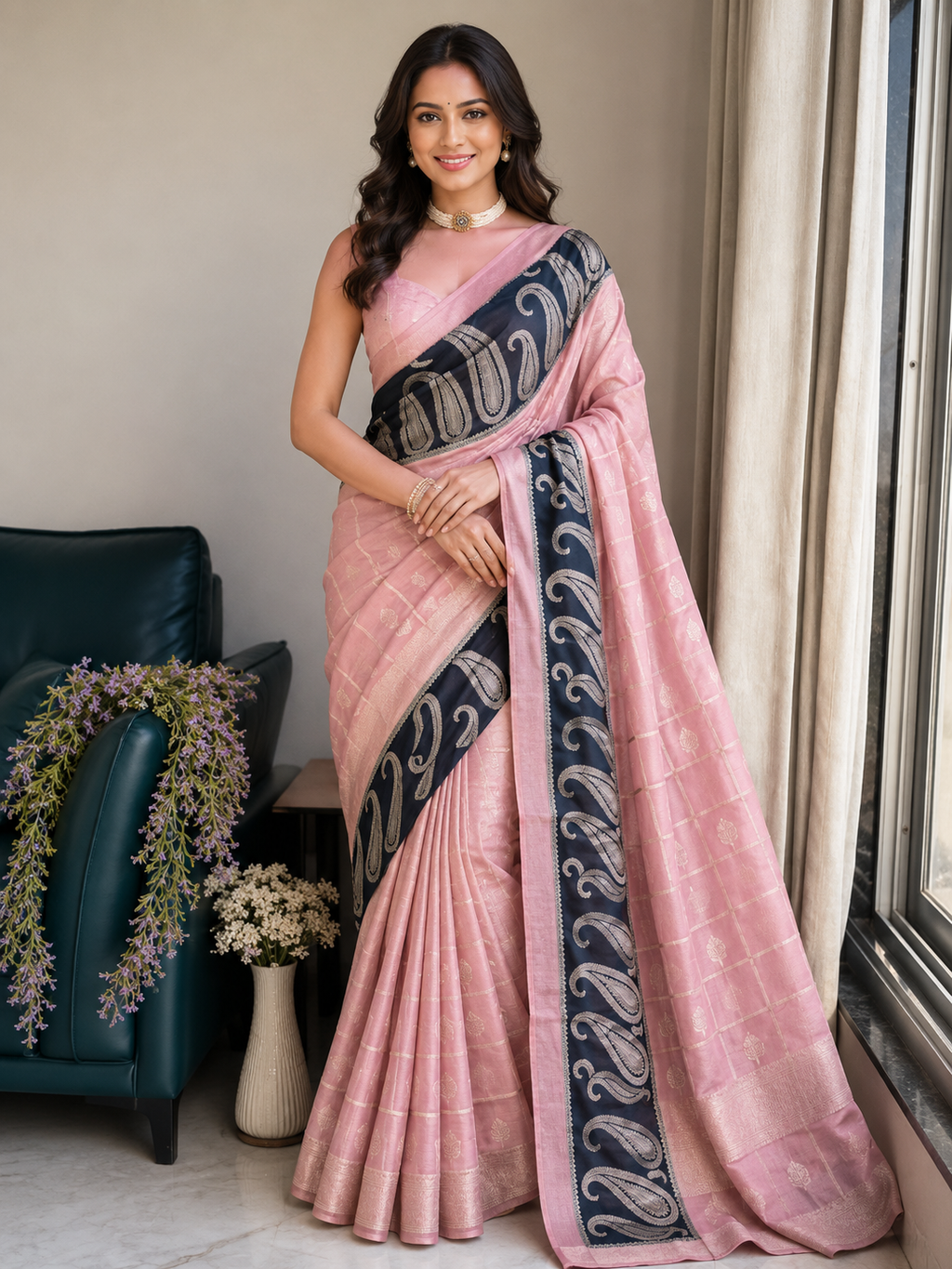 Beautiful Kalamkari printed pure linen saree with blouse