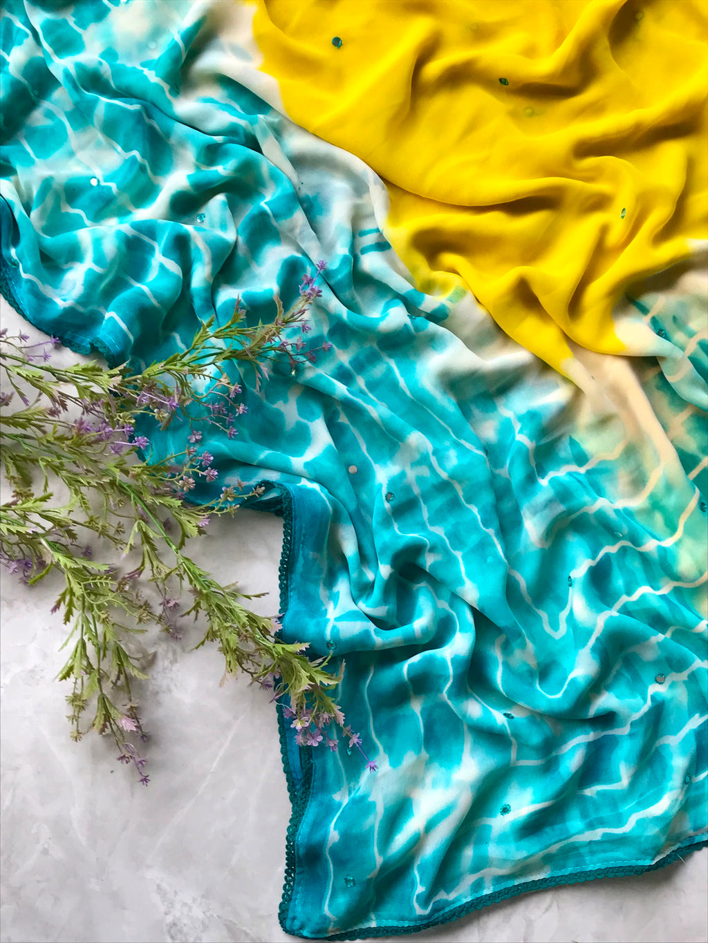 Yellow Teal Shibori Georgette Saree