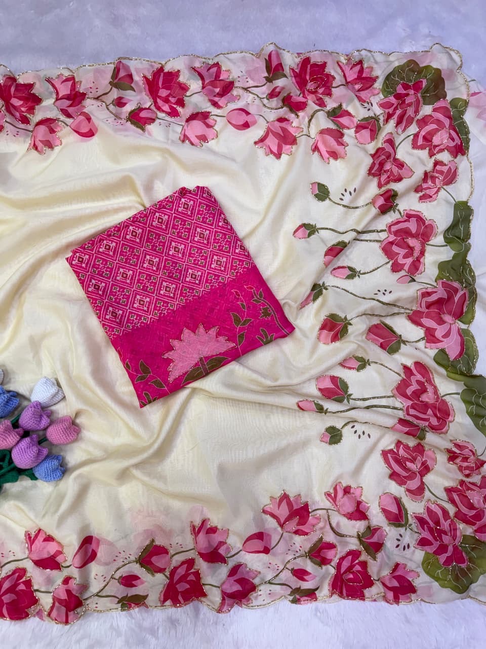 Pure Tabby Silk Saree  With Handwork Design