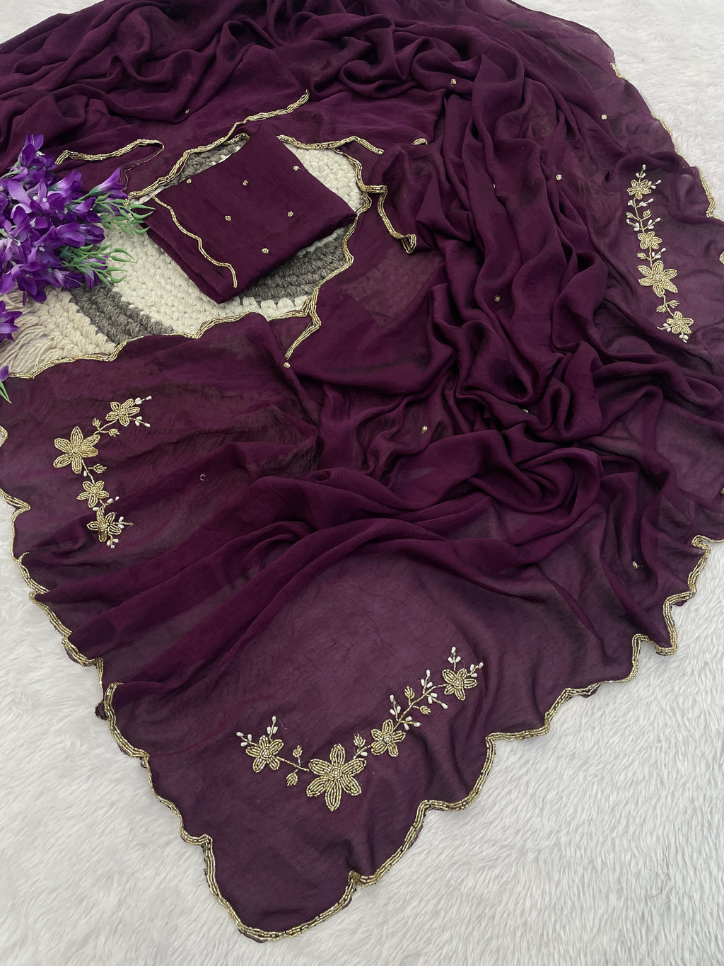 Floral Handwork Silk Saree with Gold Zari Border