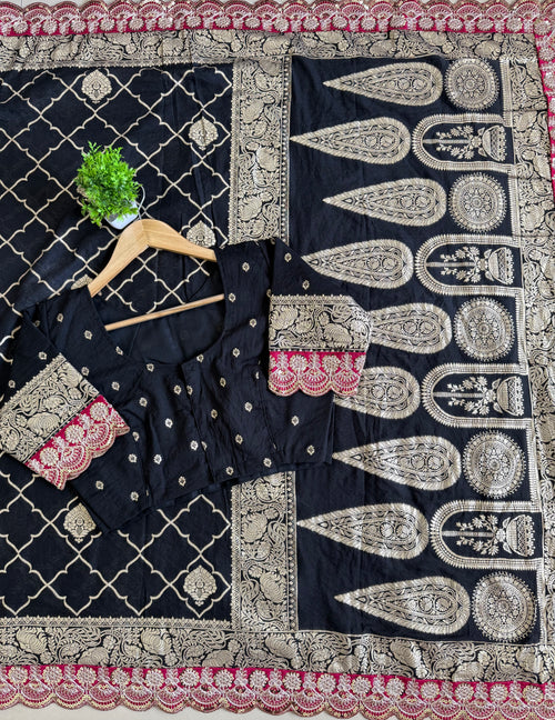 Black Banarasi Silk Saree with Maroon Sequin Border