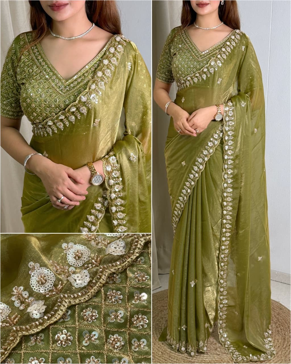 Olive Green Tissue Silk Saree