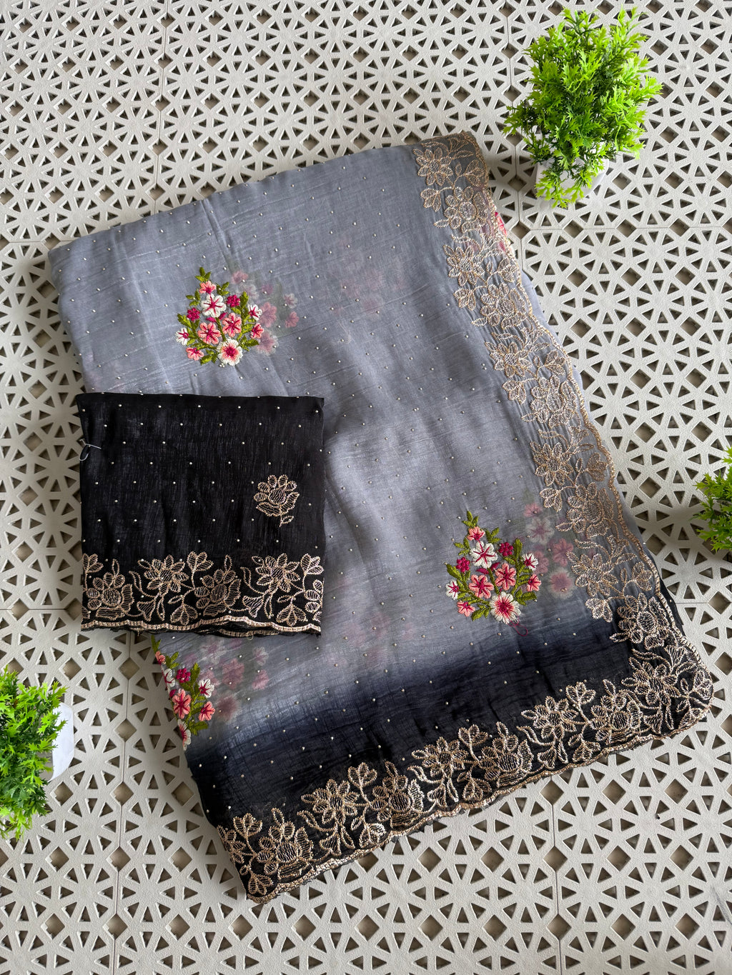 Grey Ombre Floral Silk Saree