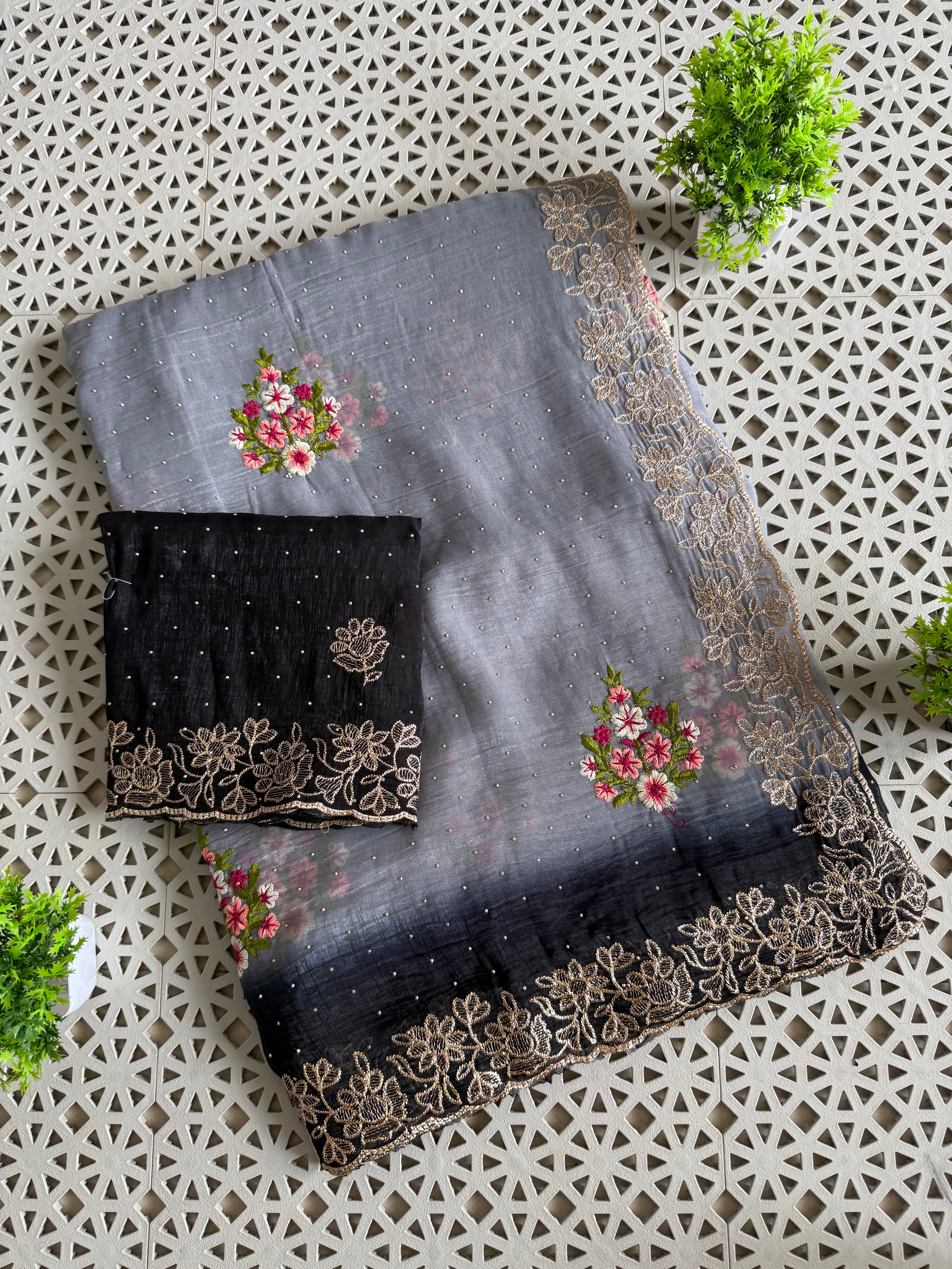 Grey Ombre Floral Silk Saree